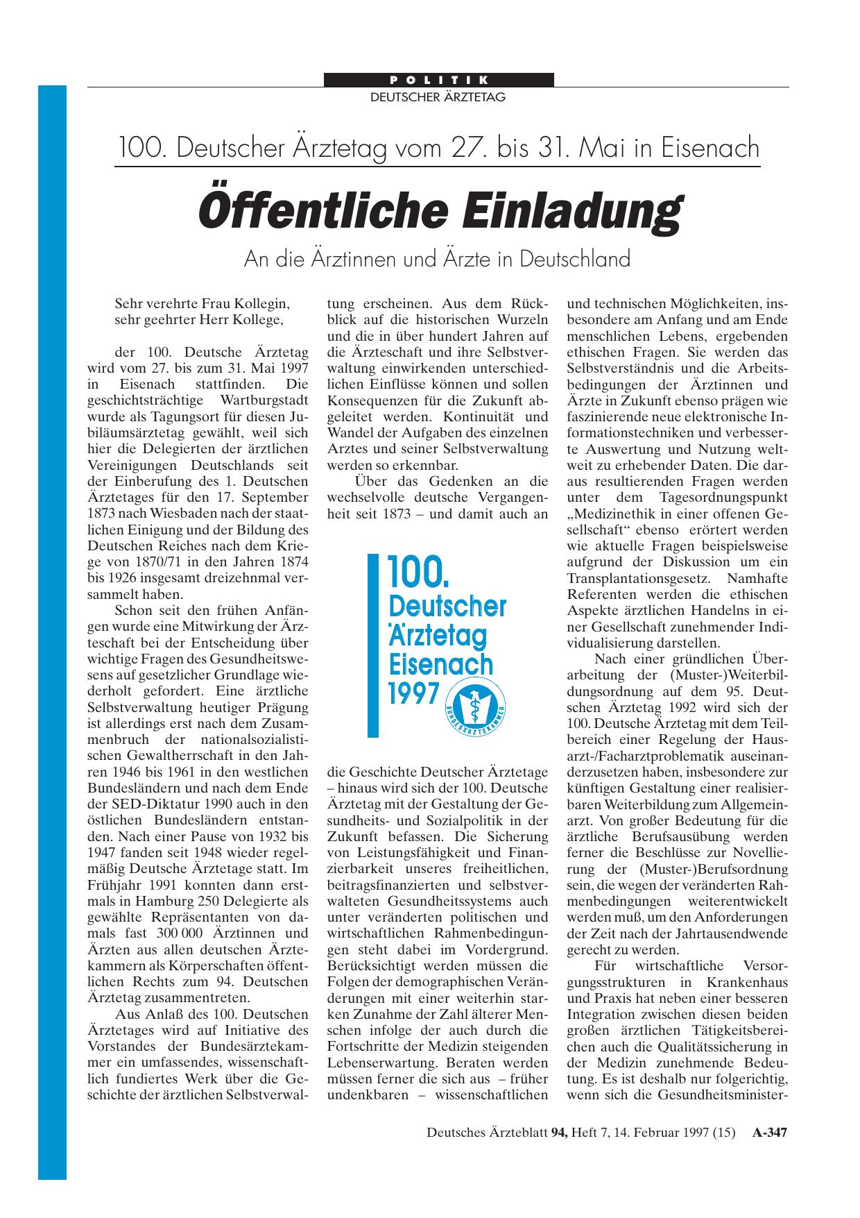 Vorschauseite 1: 100. Deutscher Ärztetag vom 27. bis 31. Mai in Eisenach: Öffentliche Einladung An die Ärztinnen und Ärzte in Deutschland