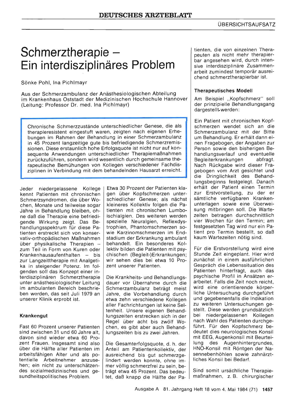 Vorschauseite 1: Schmerztherapie — Ein interdisziplinäres Problem