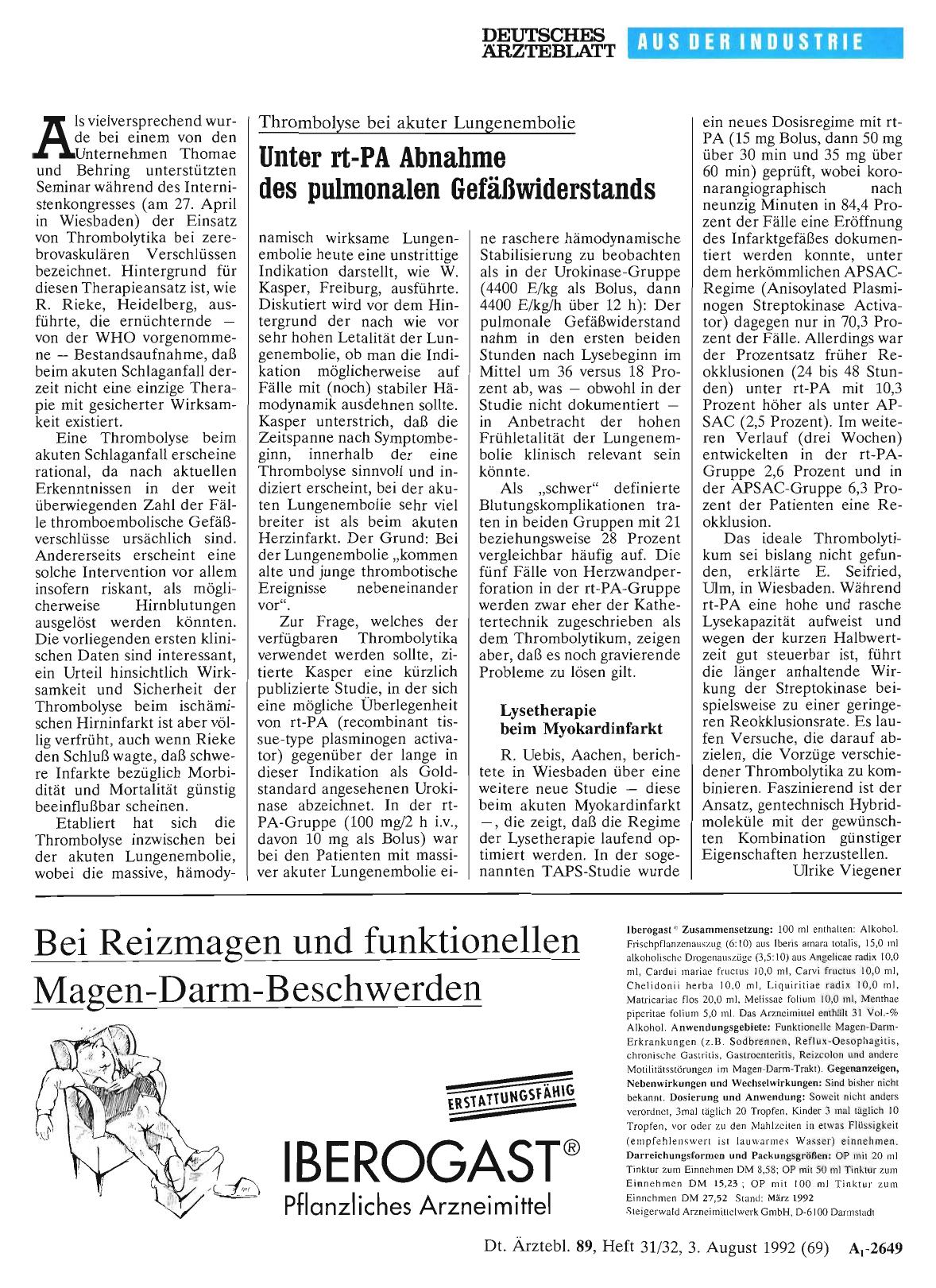 Vorschauseite 1: Thrombolyse bei akuter Lungenembolie: Unter rt-PA Abnahme des pulmonalen Gefäßwiderstands