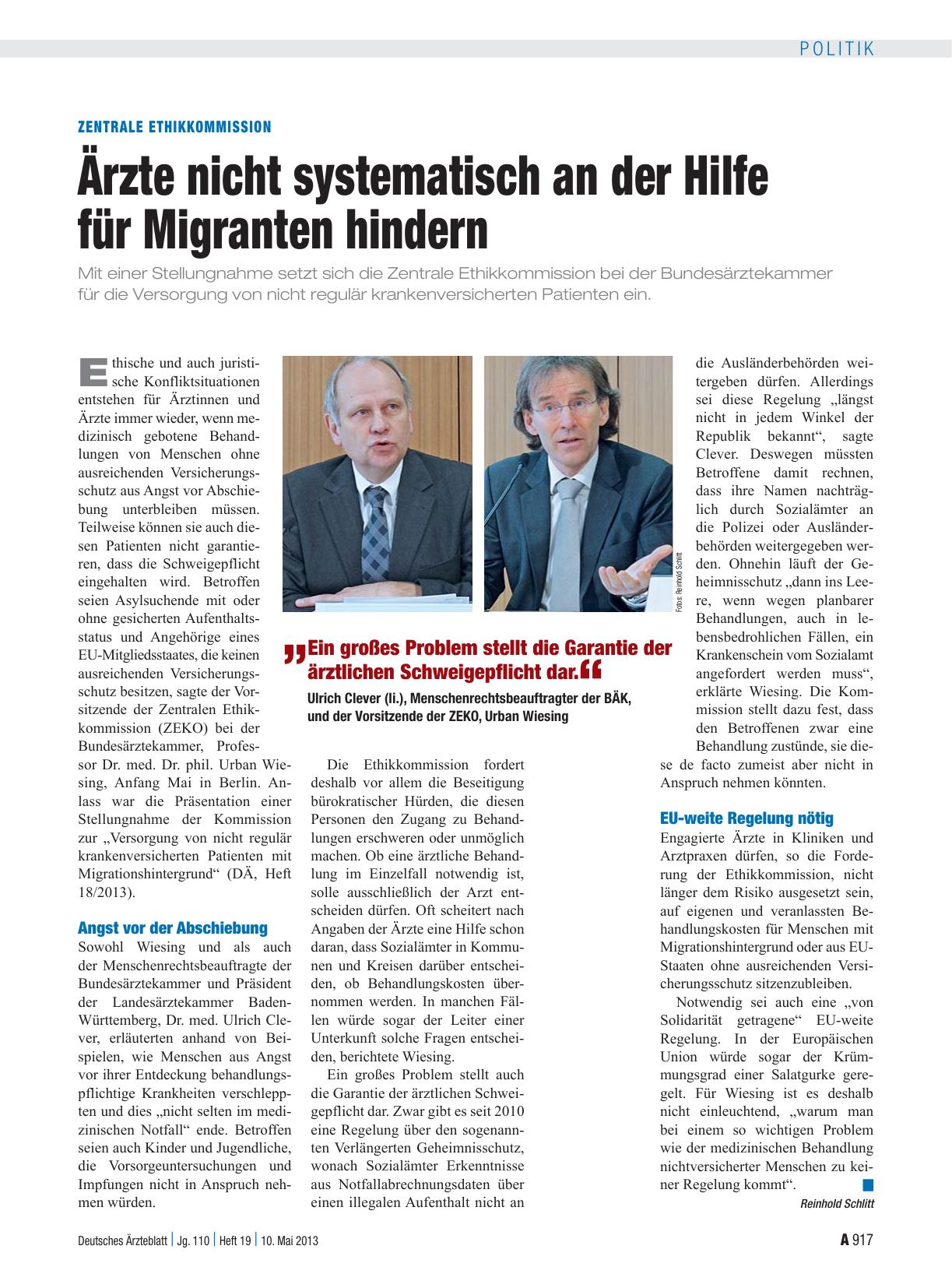 Vorschauseite 1: Zentrale Ethikkommission: Ärzte nicht systematisch an der Hilfe für Migranten hindern