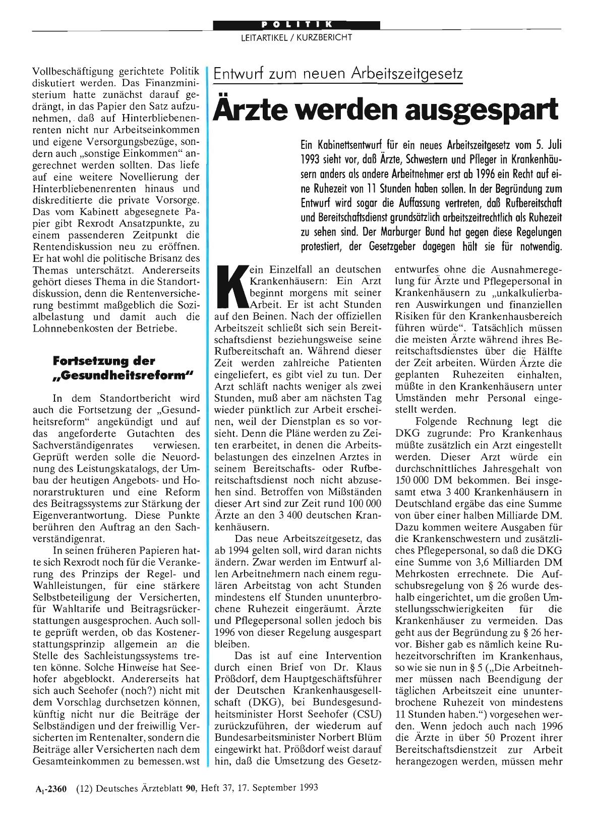 Vorschauseite 1: Entwurf zum neuen Arbeitszeitgesetz: Ärzte werden ausgespart
