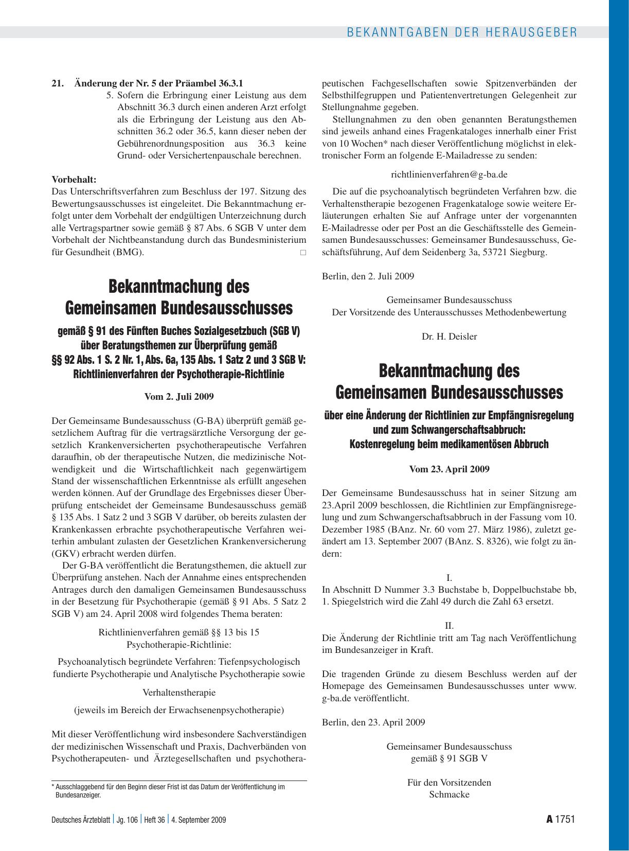 Vorschauseite 1: Bekanntmachung des Gemeinsamen Bundesausschusses über eine Änderung der Richtlinien zur Empfängnisregelung und zum Schwangerschaftsabbruch: Kostenregelung beim medikamentösen Abbr…