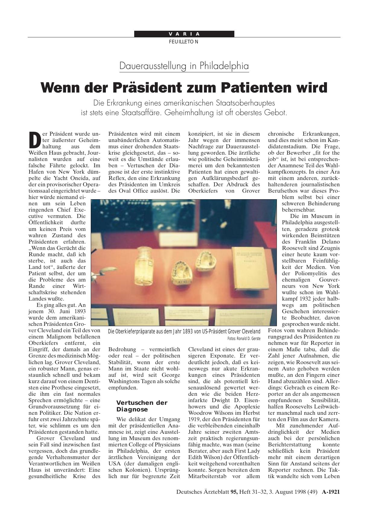 Vorschauseite 1: Dauerausstellung in Philadelphia: Wenn der Präsident zum Patienten wird