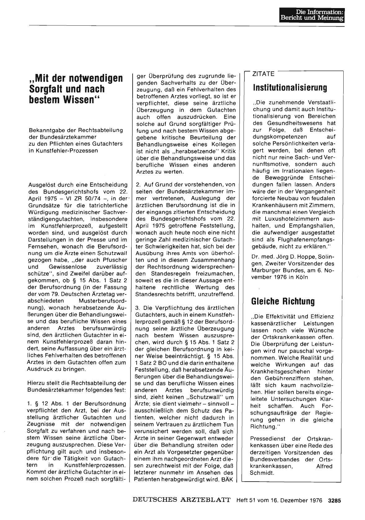 Vorschauseite 1: Mit der notwendigen Sorgfalt und nach bestem Wissen”: Bekanntgabe der Rechtsabteilung der Bundesärztekammer zu den Pflichten eines Gutachters in Kunstfehler-Prozessen
