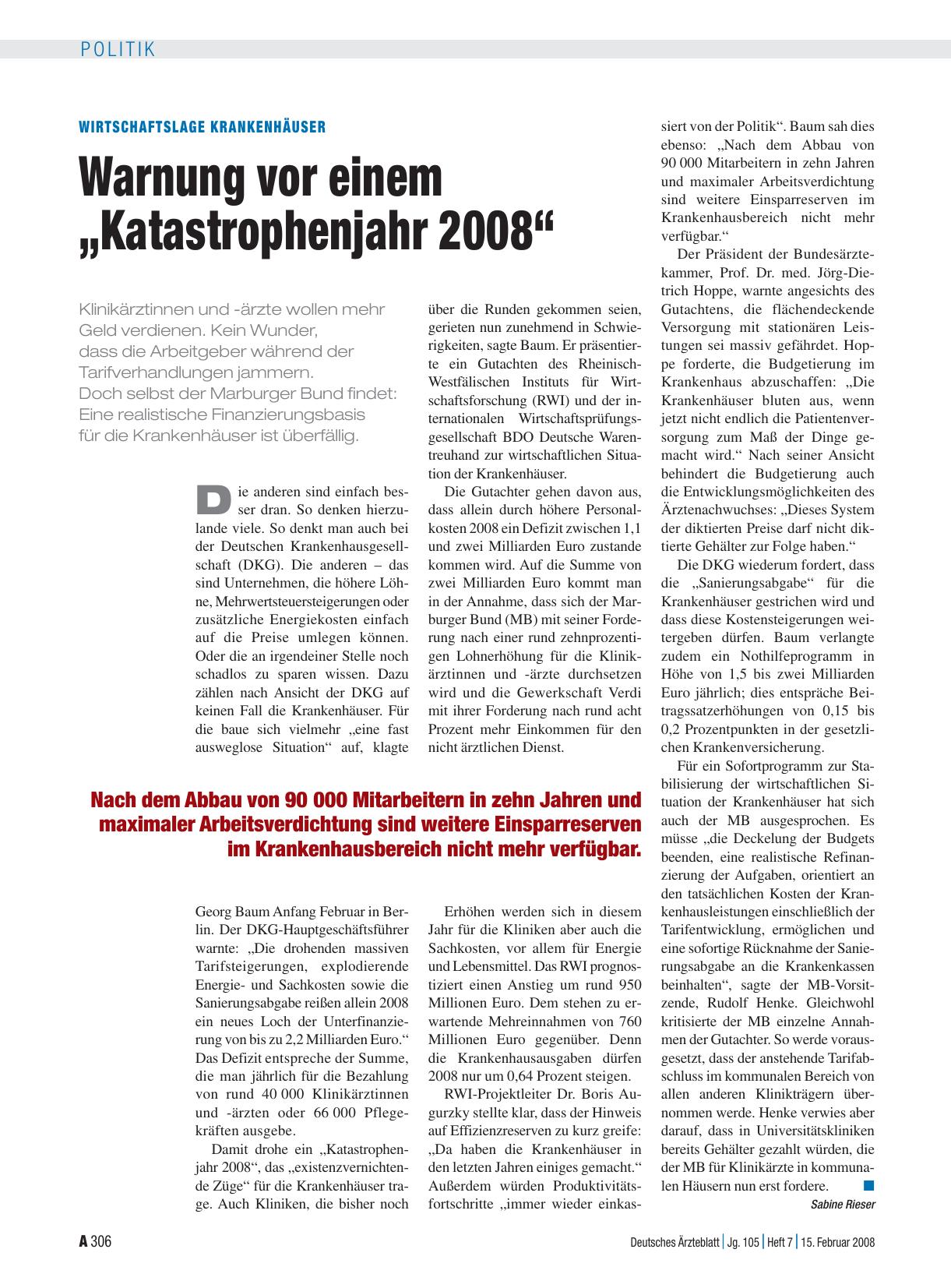 Vorschauseite 1: Wirtschaftslage Krankenhäuser: Warnung vor einem „Katastrophenjahr 2008“