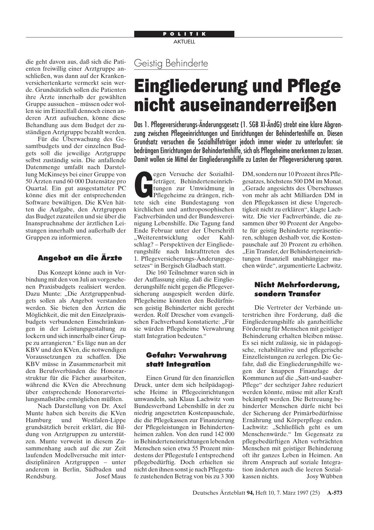 Vorschauseite 1: Geistig Behinderte: Eingliederung und Pflege nicht auseinanderreißen