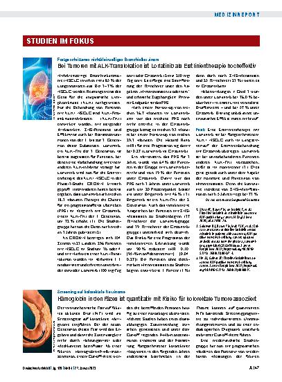 Vorschauseite 1: Screening auf kolorektale Karzinome: Hämoglobin in den Fäzes ist quantitativ mit Risiko für kolorektale Tumore assoziiert