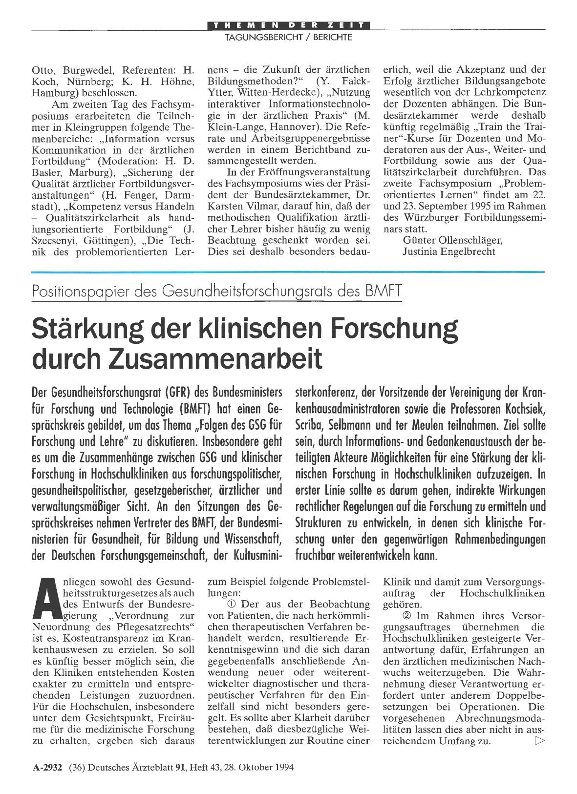 Vorschauseite 1: Positionspapier des Gesundheitsforschungsrats des BMFT: Stärkung der klinischen Forschung durch Zusammenarbeit