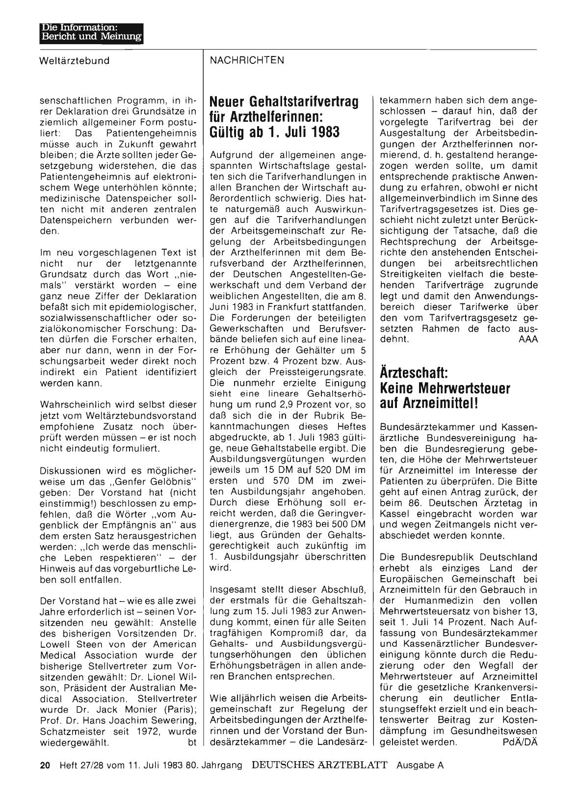 Vorschauseite 1: Neuer Gehaltstarifvertrag für Arzthelferinnen: Gültig ab 1. Juli 1983