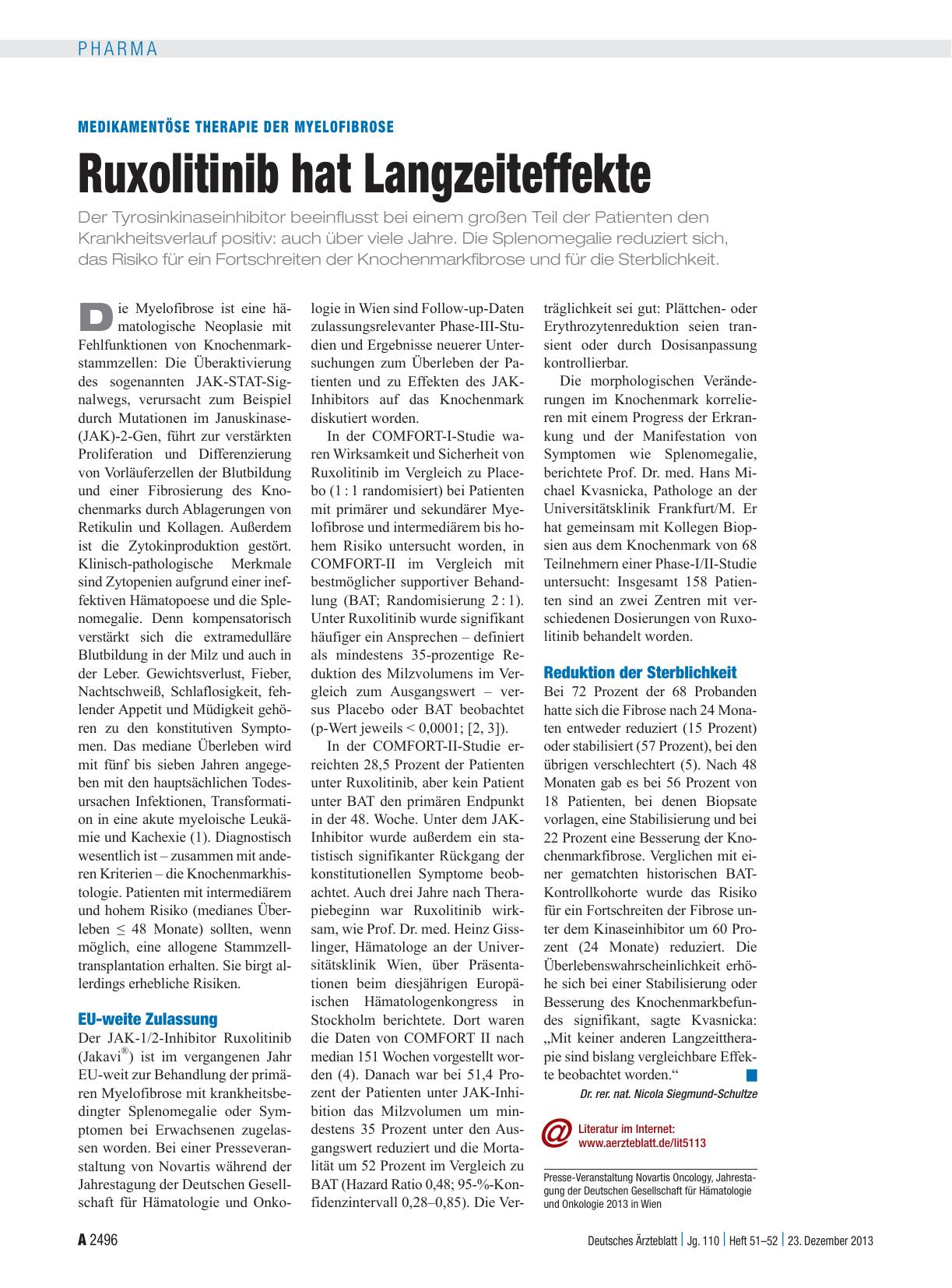 Vorschauseite 1: Medikamentöse Therapie der Myelofibrose: Ruxolitinib hat Langzeiteffekte