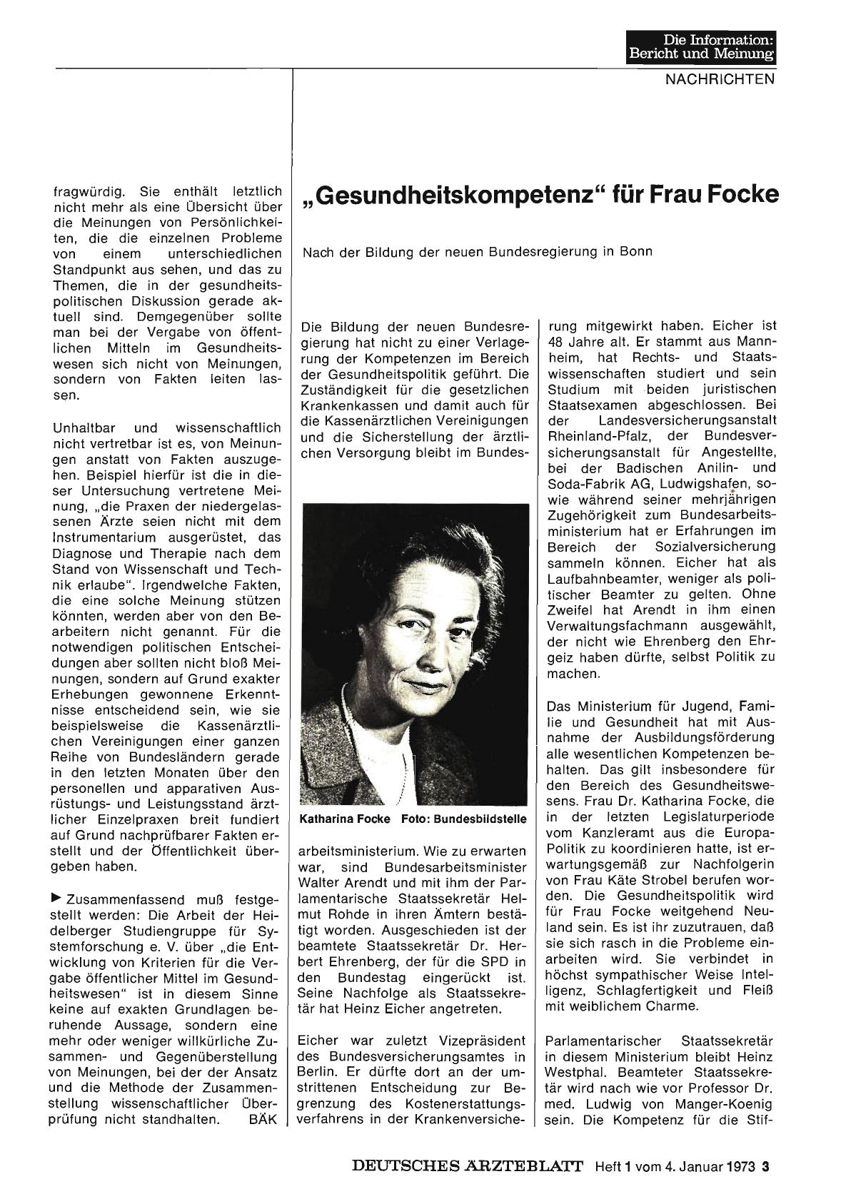 Vorschauseite 1: "Gesundheitskompetenz" für Frau Focke: Nach der Bildung der neuen Bundesregierung in Bonn