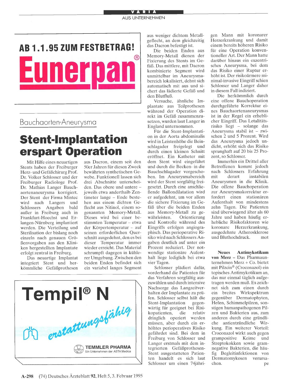 Vorschauseite 1: Bauchaorten-Aneurysma: Stent-Implantation erspart Operation