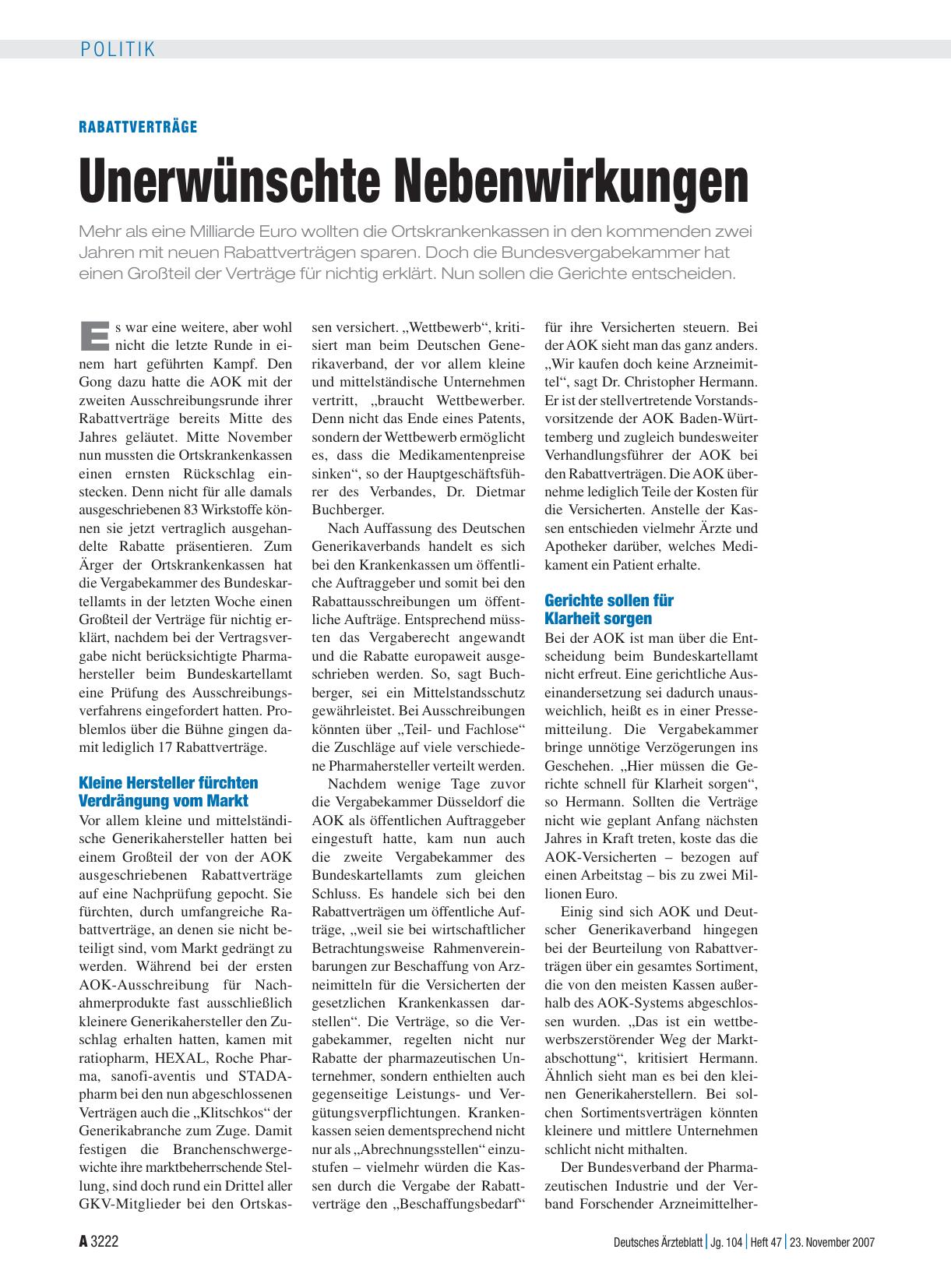 Vorschauseite 1: Rabattverträge: Unerwünschte Nebenwirkungen