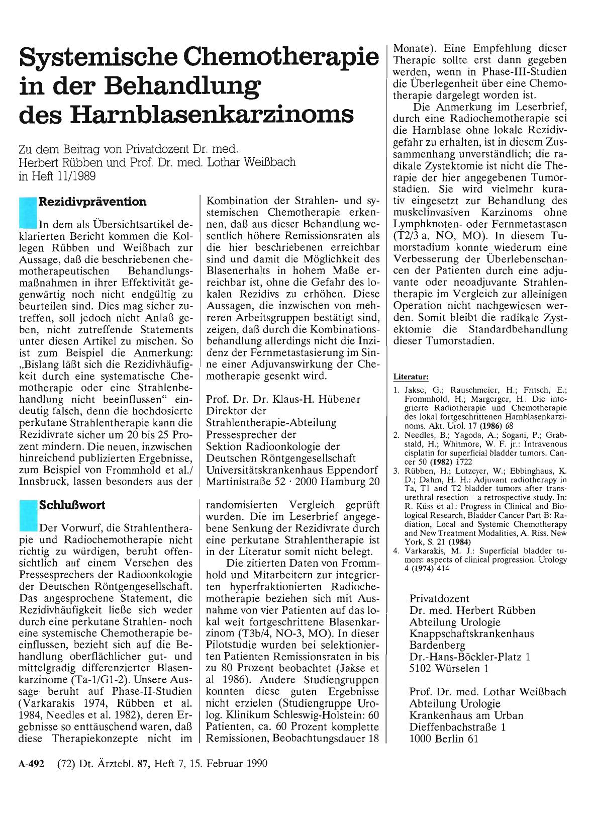 Vorschauseite 1: Systemfische Chemotherapie in der Behandlung des Harnblasenkarzinoms: Schlußwort