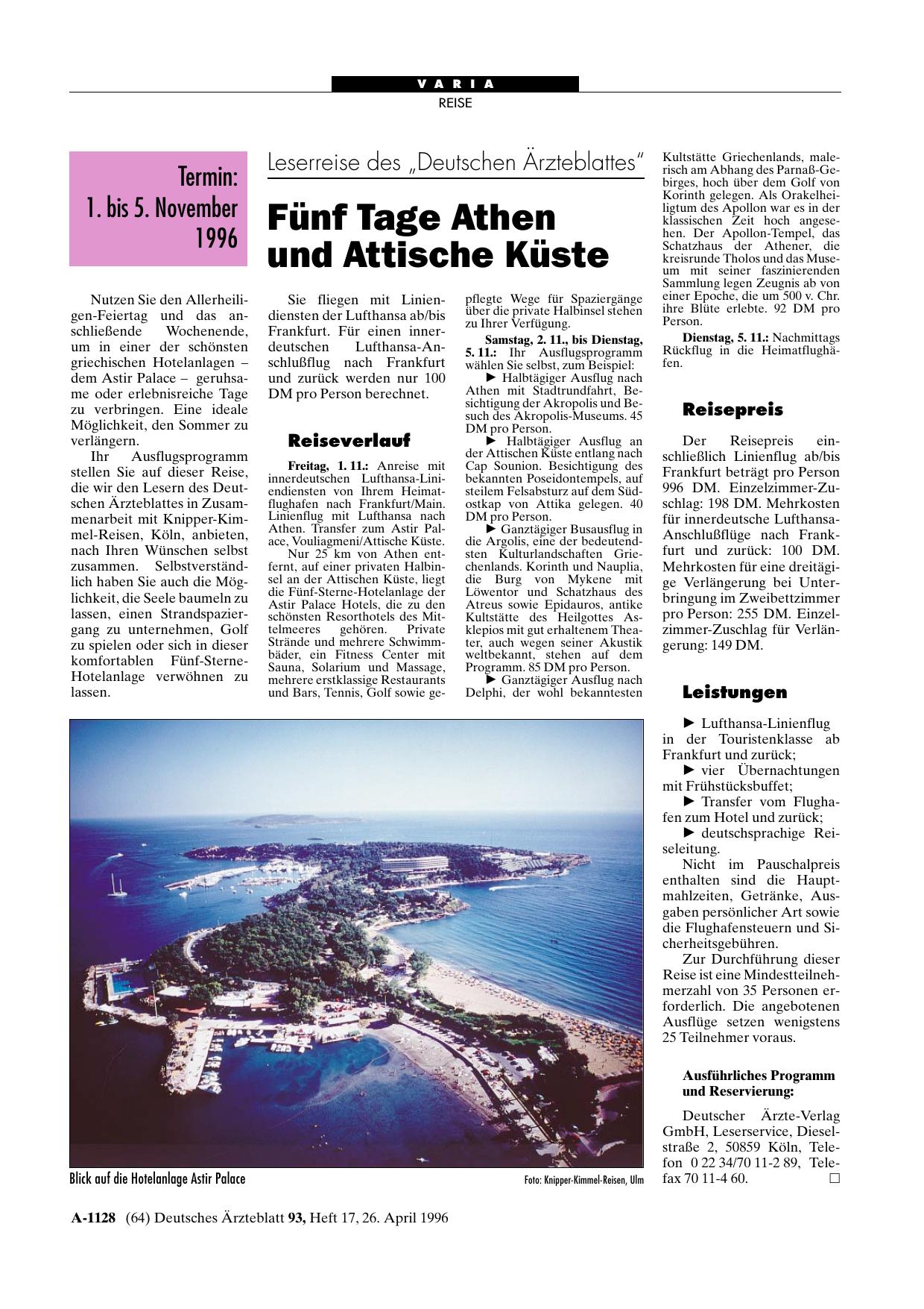Vorschauseite 1: Leserreise des „Deutschen Ärzteblattes“: Fünf Tage Athen und Attische Küste Termin – 1. bis 5. November 1996