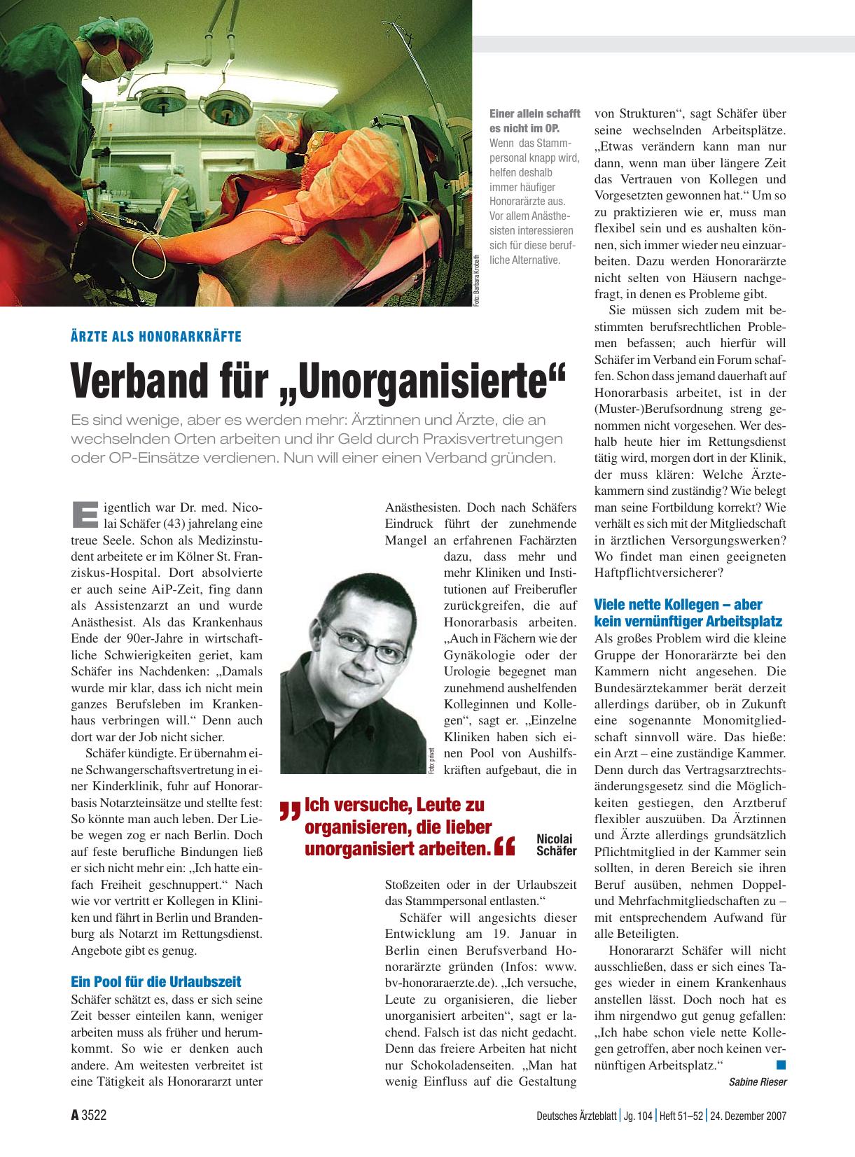 Vorschauseite 1: ÄRZTE ALS HONORARKRÄFTE: Verband für „Unorganisierte“