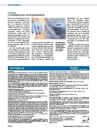 Vorschauseite 1: Allergologie: Coronaimpfung auch bei Biologikaeinnahme