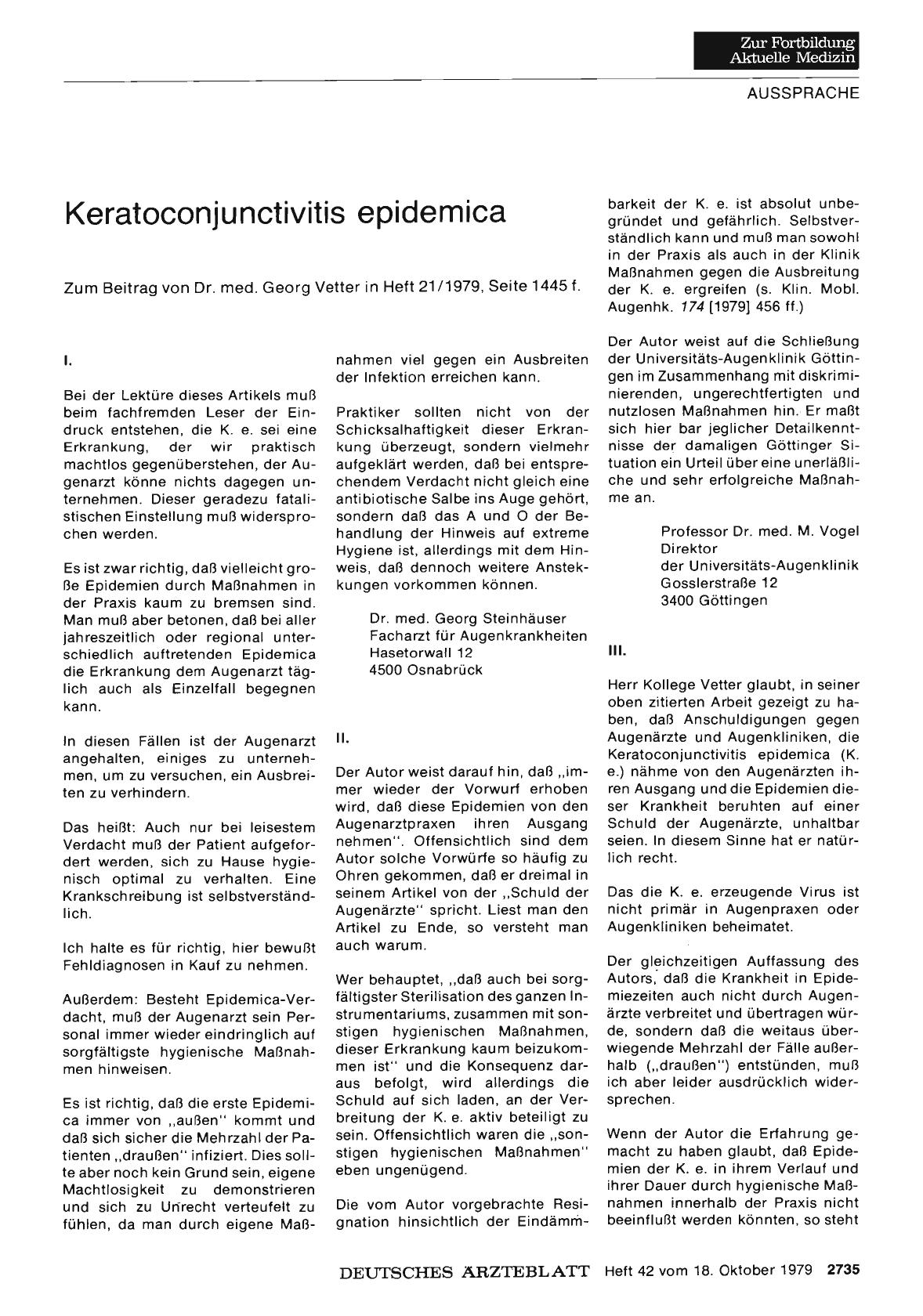 Vorschauseite 1: Keratoconjunctivitis epidemica: Stellungnahme III.