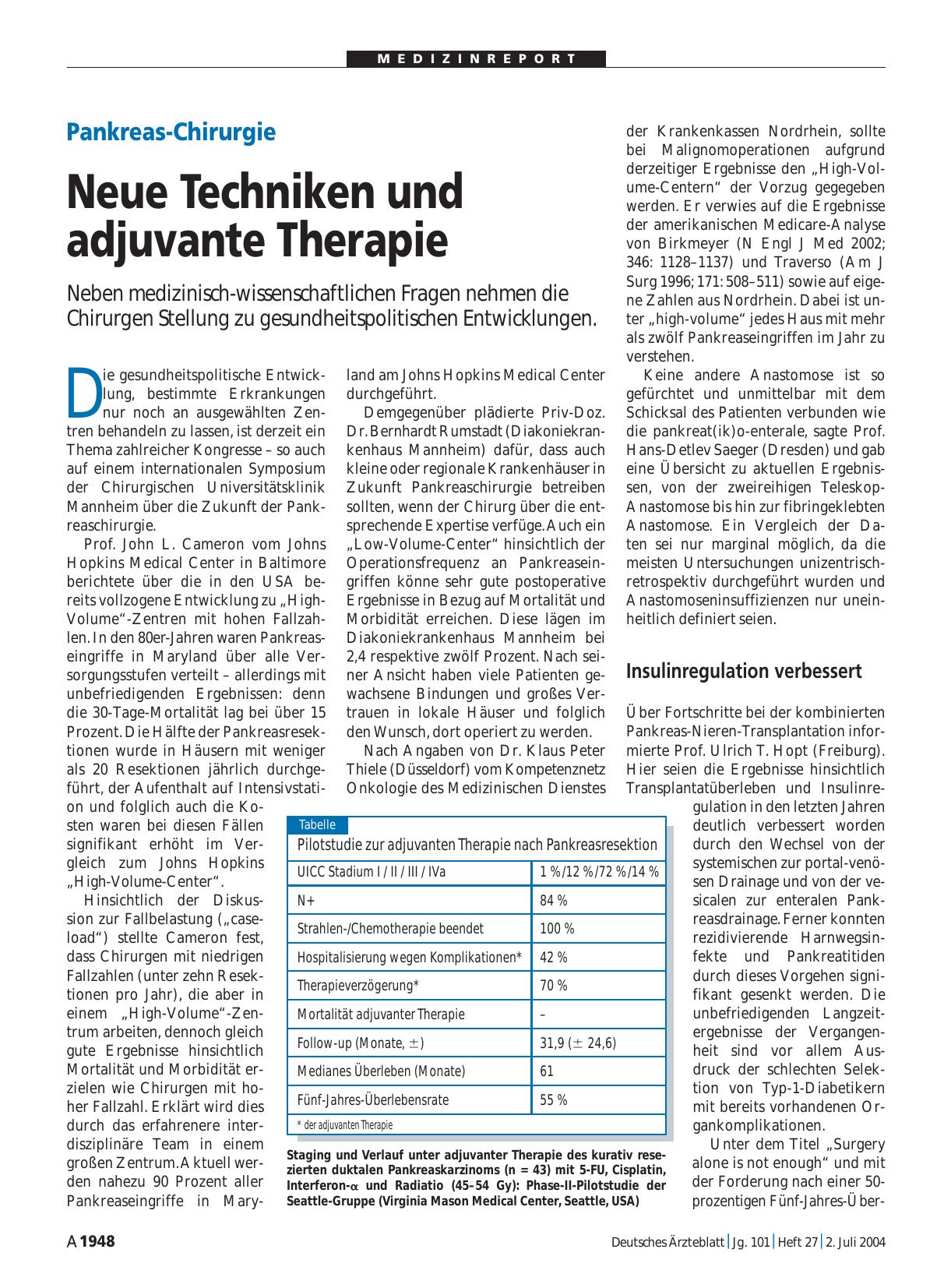 Vorschauseite 1: Pankreas-Chirurgie: Neue Techniken und adjuvante Therapie