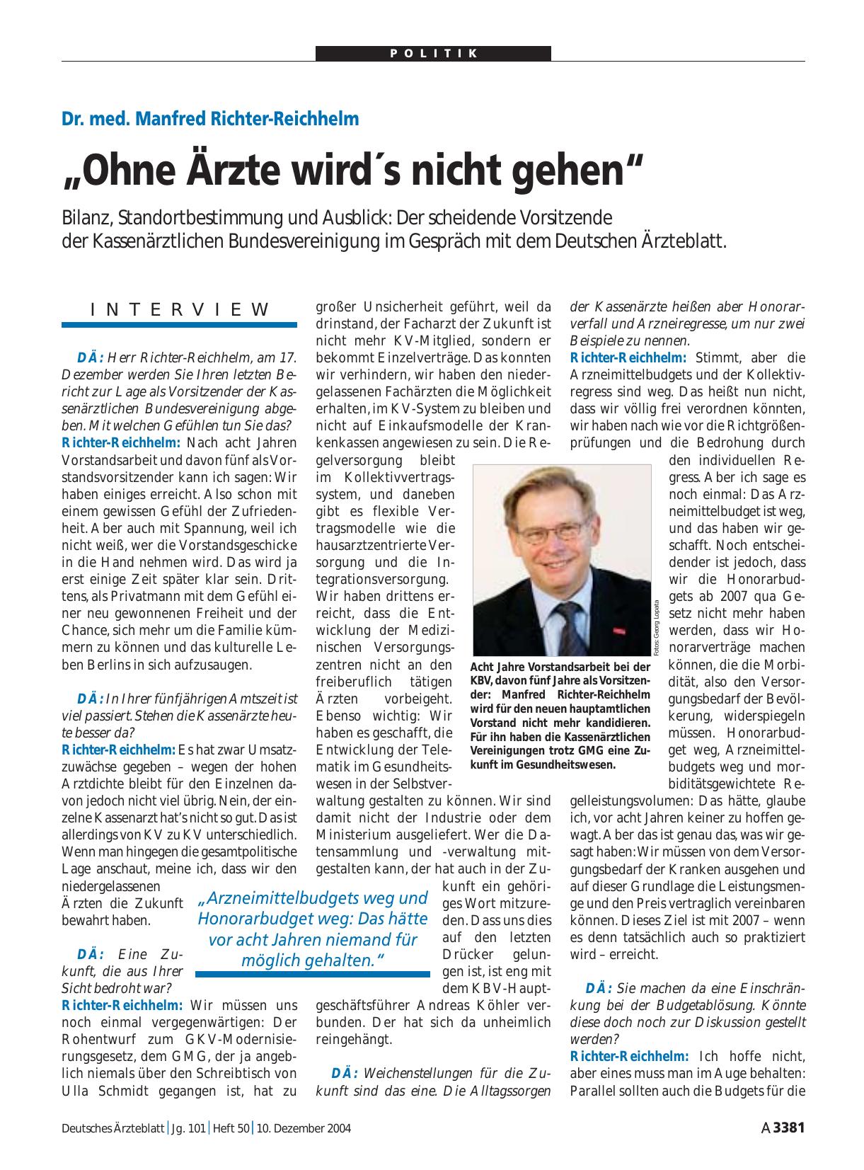 Vorschauseite 1: Dr. med. Manfred Richter-Reichhelm: „Ohne Ärzte wird´s nicht gehen“