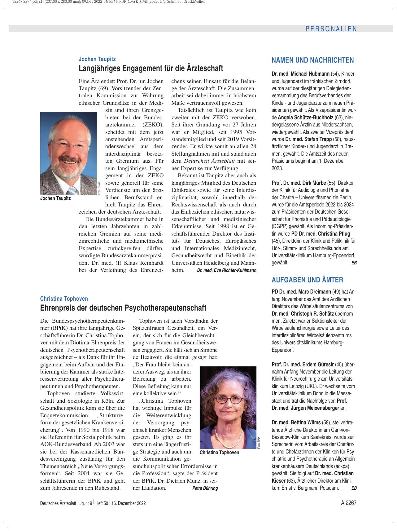 Vorschauseite 1: Christina Tophoven: Ehrenpreis der deutschen Psychotherapeutenschaft