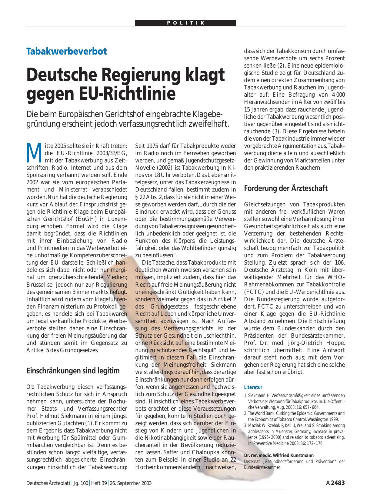 Vorschauseite 1: Tabakwerbeverbot: Deutsche Regierung klagt gegen EU-Richtlinie