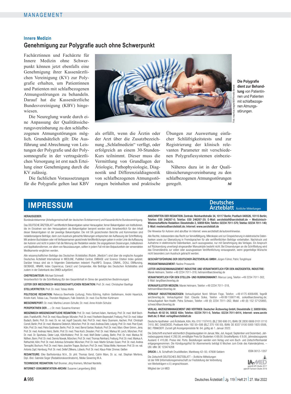 Vorschauseite 1: Innere Medizin: Genehmigung zur Polygrafie auch ohne Schwerpunkt