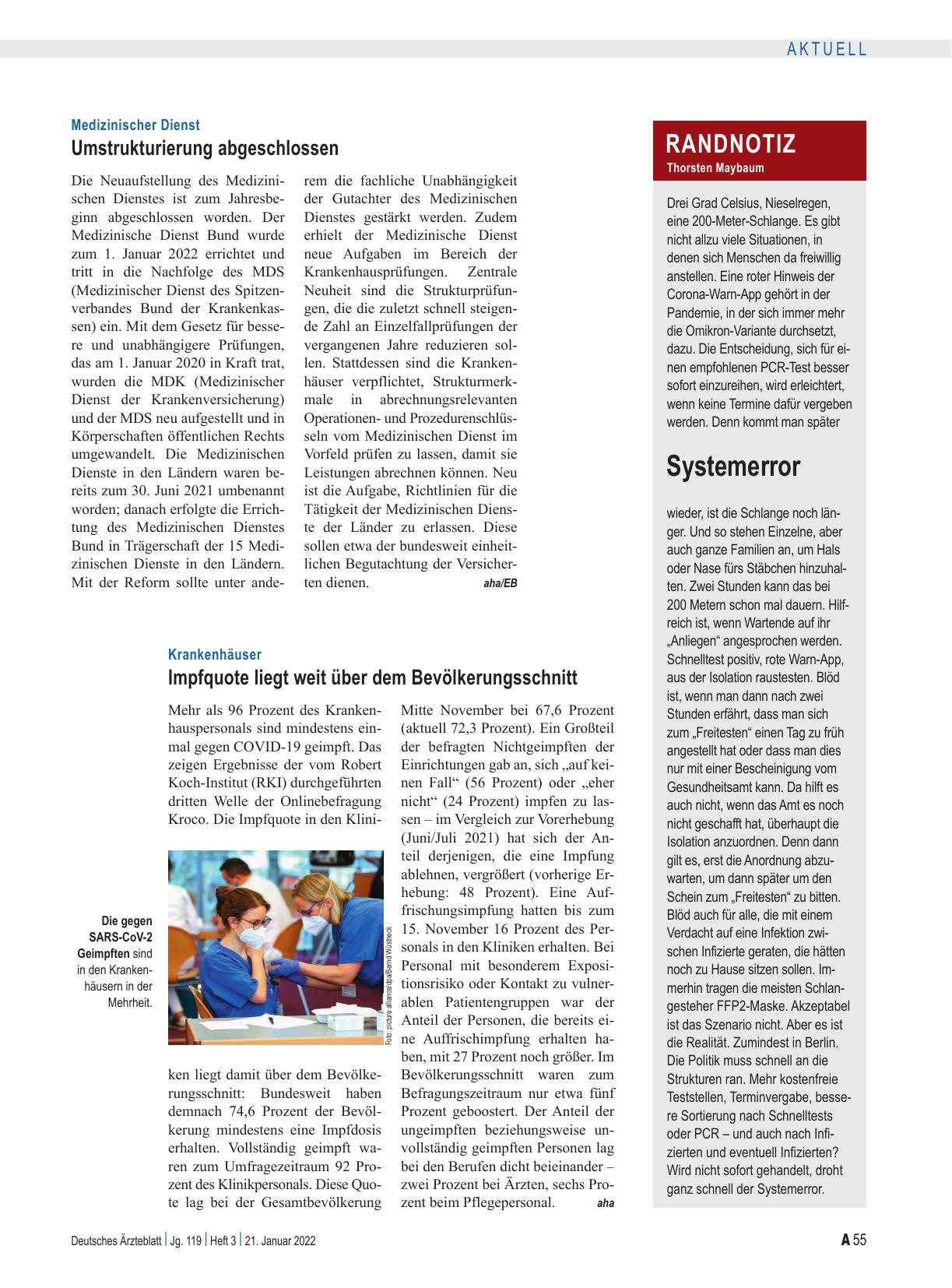 Vorschauseite 1: Krankenhäuser: Impfquote liegt weit über dem Bevölkerungsschnitt