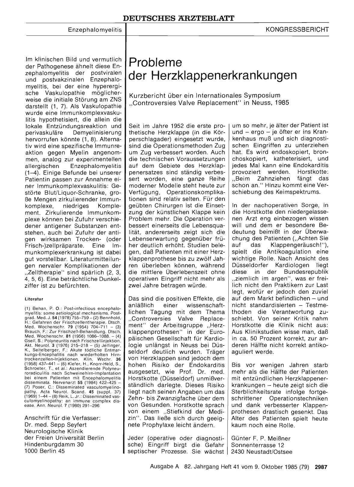 Vorschauseite 1: Probleme der Herzklappenerkrankungen: Kurzbericht über ein Internationales Symposium „Controversies Valve Replacement“ in Neuss, 1985