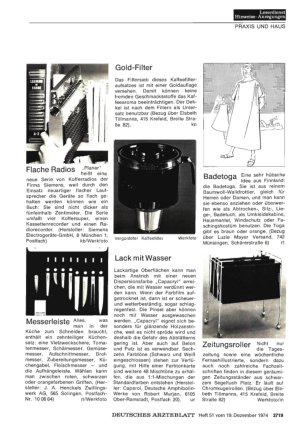 Vorschauseite 1: Flache Radios, Messerleiste, Gold-Filter, Lack mit Wasser, Badetoga, Zeitungsroller