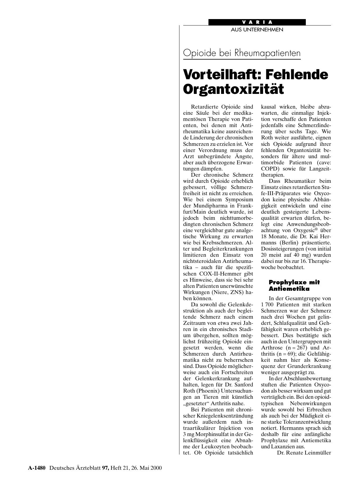 Vorschauseite 1: Opioide bei Rheumapatienten – Vorteilhaft: Fehlende Organtoxizität