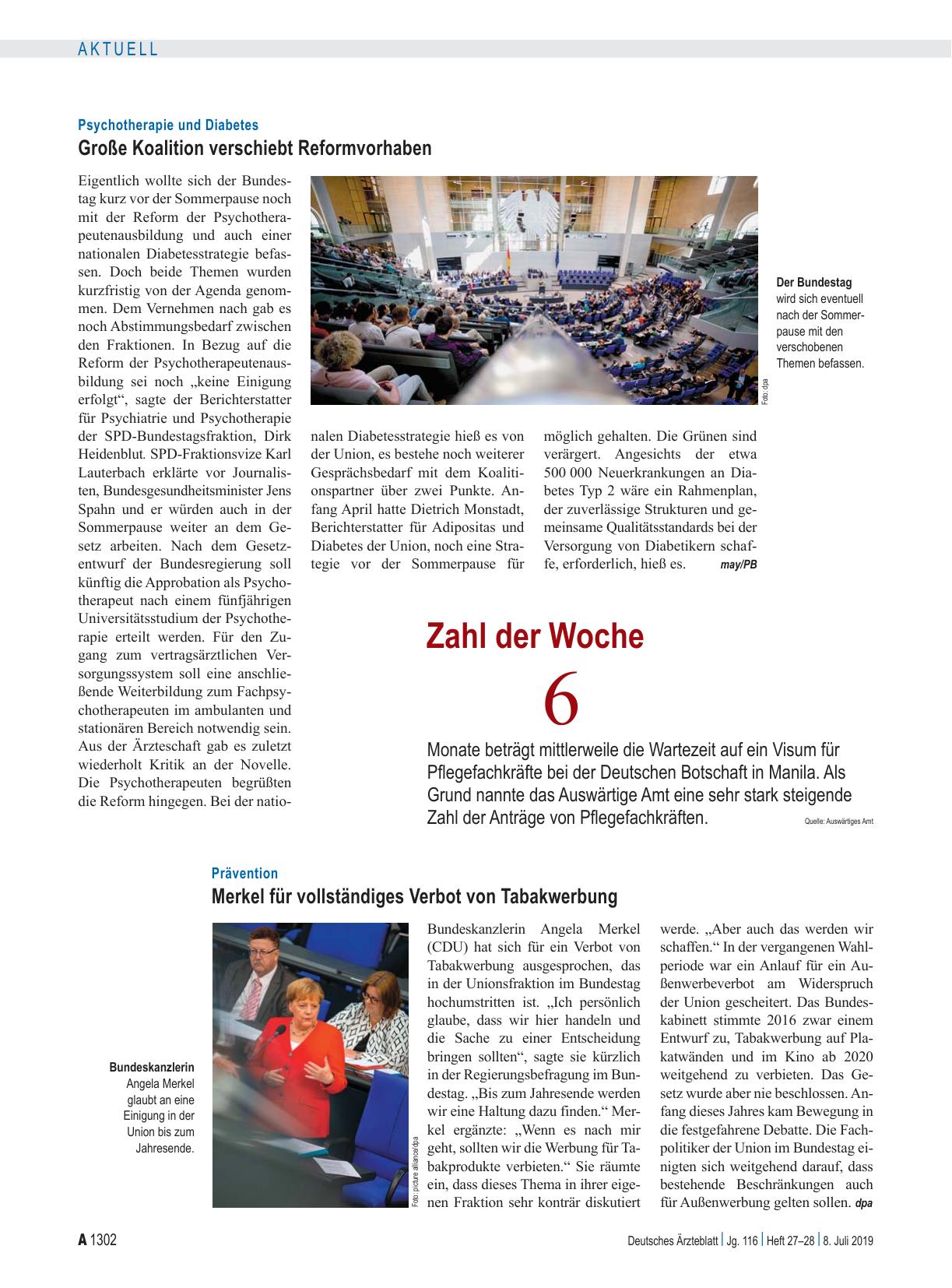 Vorschauseite 1: Psychotherapie und Diabetes: Große Koalition verschiebt Reformvorhaben