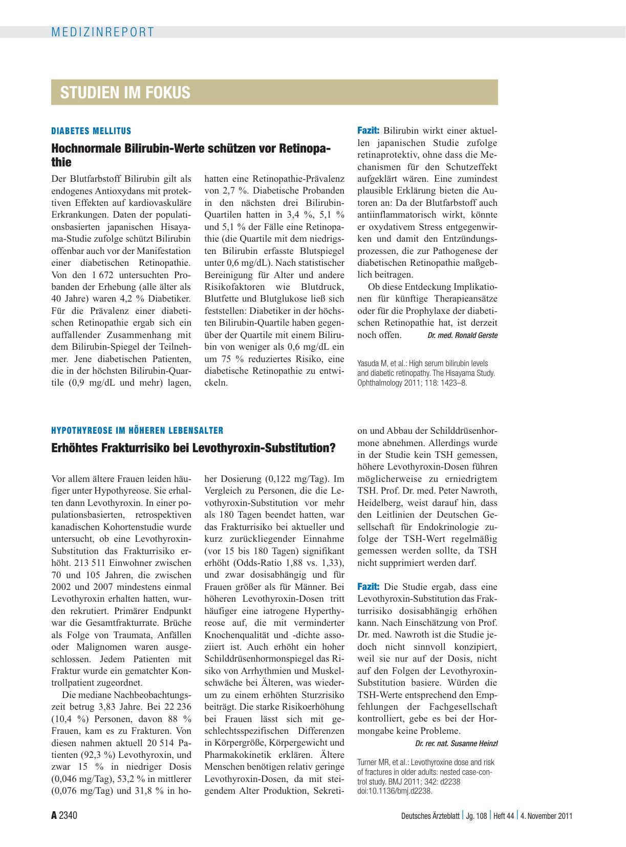 Vorschauseite 1: Diabetes mellitus: Hochnormale Bilirubin-Werte schützen vor Retinopathie