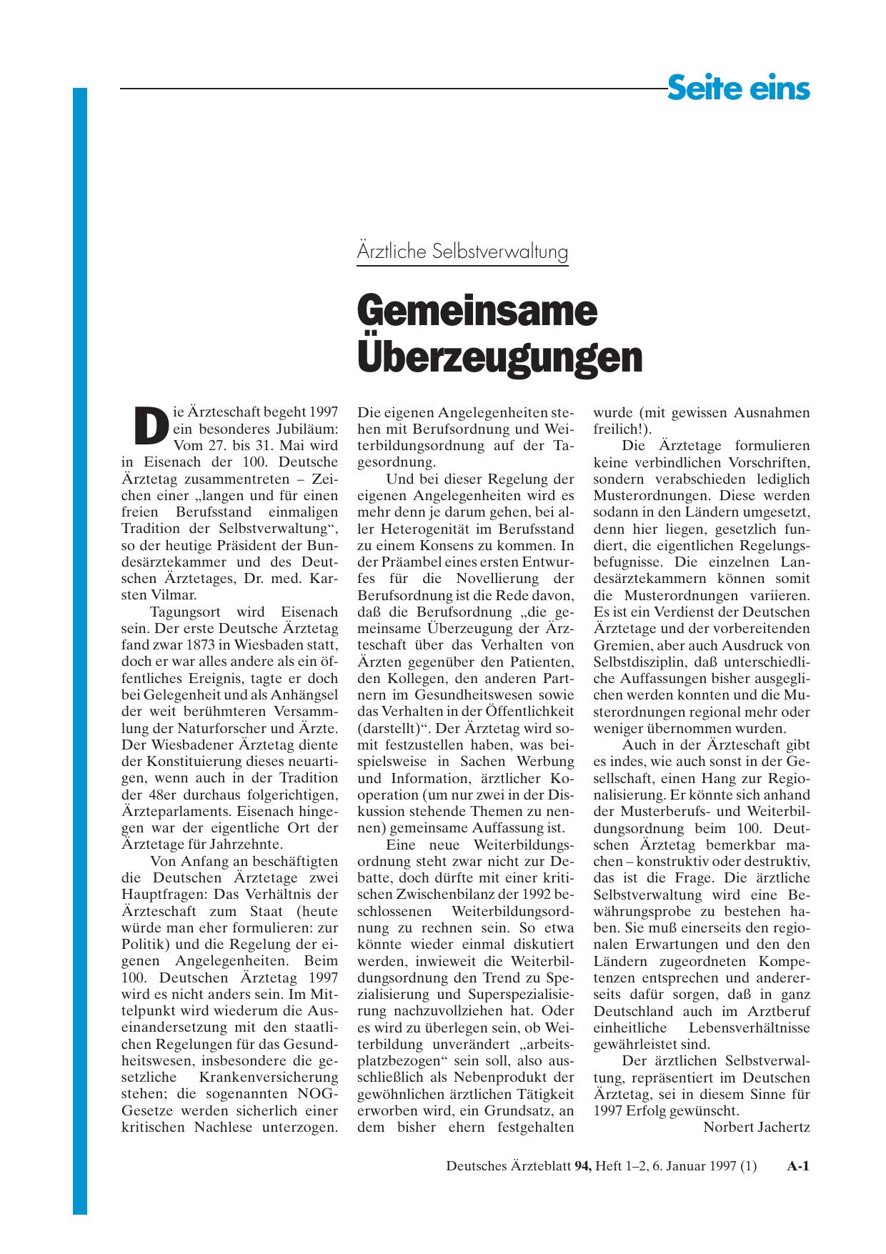 Vorschauseite 1: Ärztliche Selbstverwaltung: Gemeinsame Überzeugungen