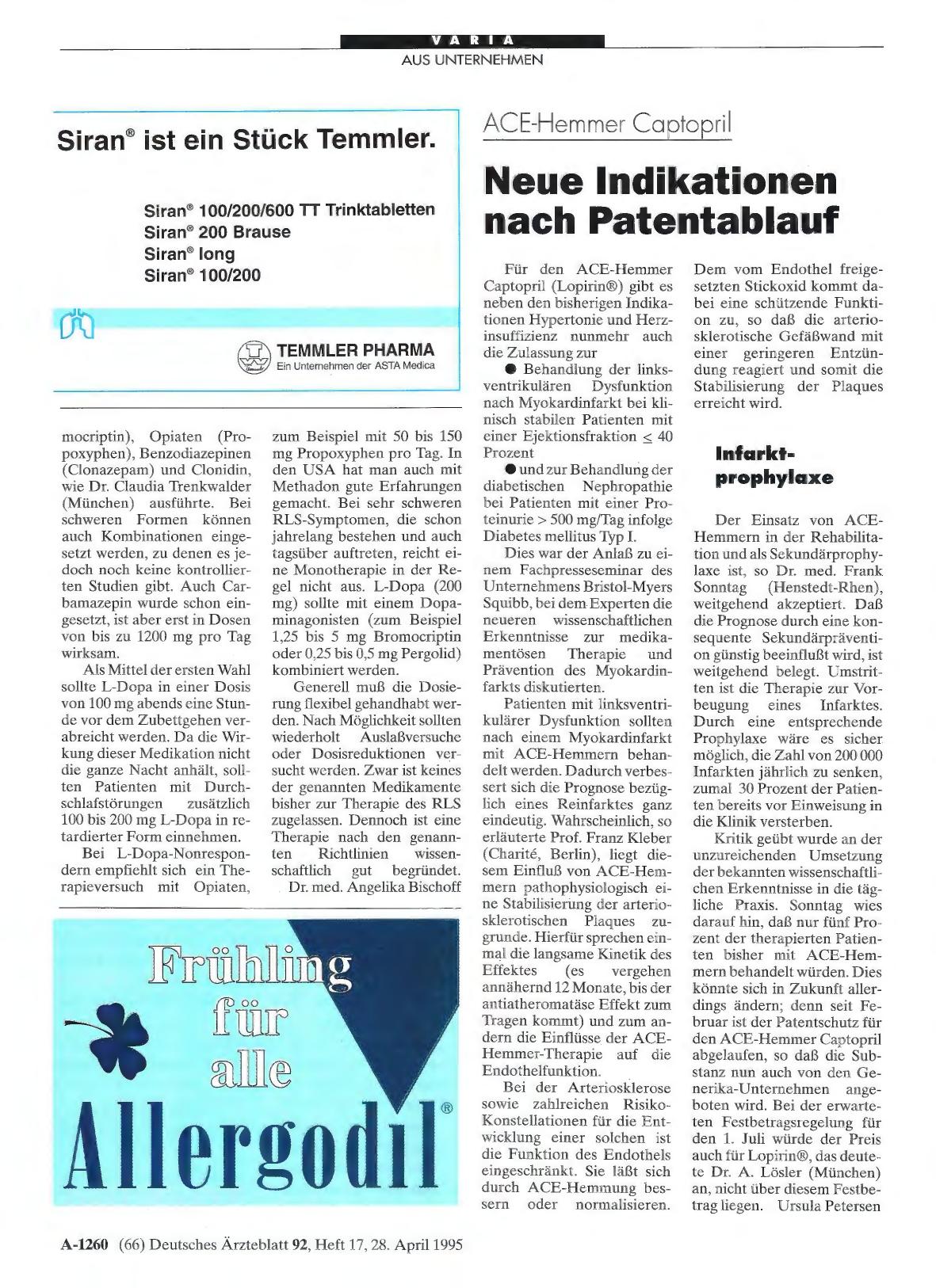 Vorschauseite 1: ACE-Hemmer Captopril: Neue Indikationen nach Patentablauf