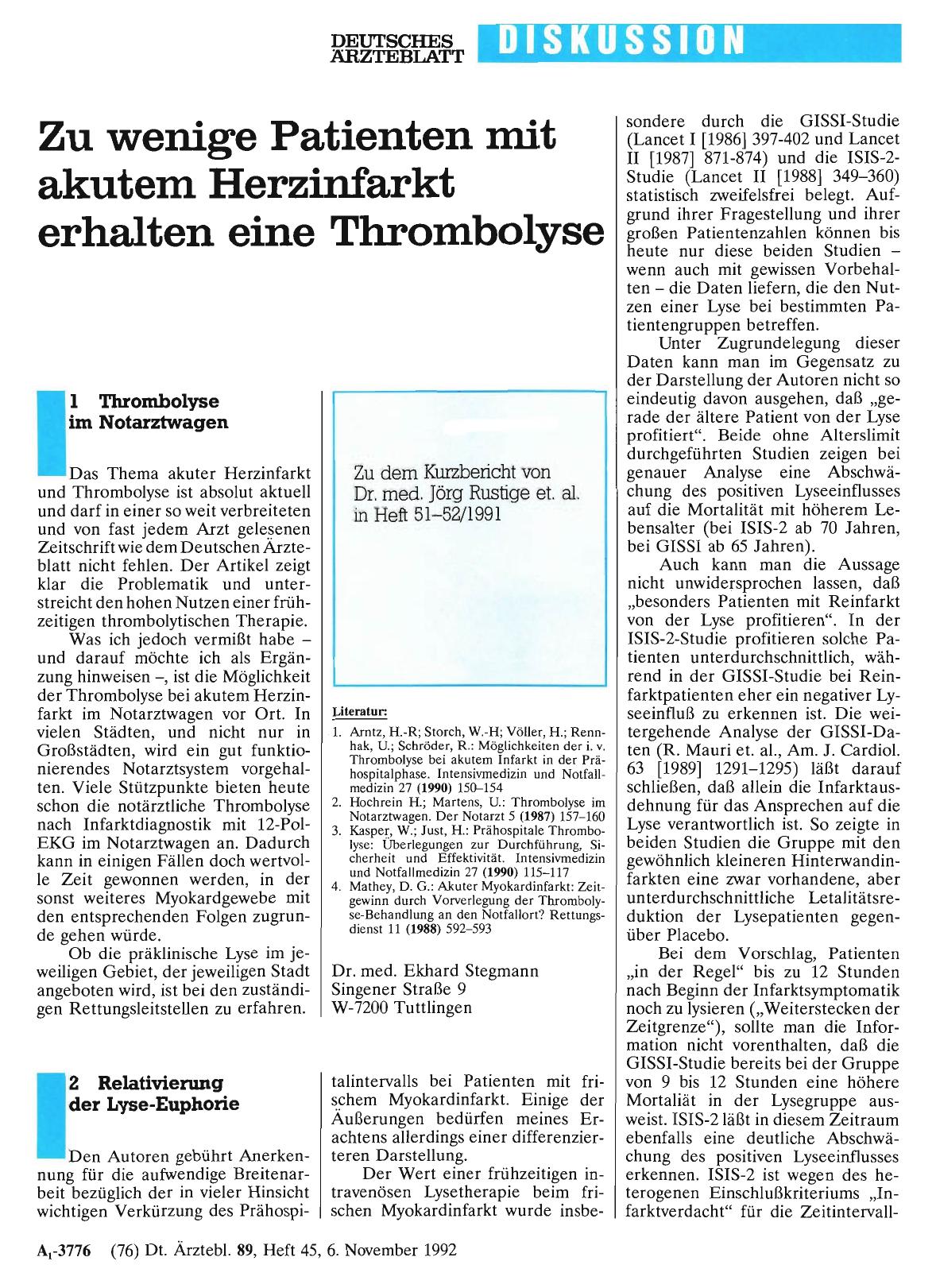 Vorschauseite 1: Zu wenige Patienten mit akutem Herzinfarkt erhalten eine Thrombolyse: 2 Relativierung der Lyse-Euphorie