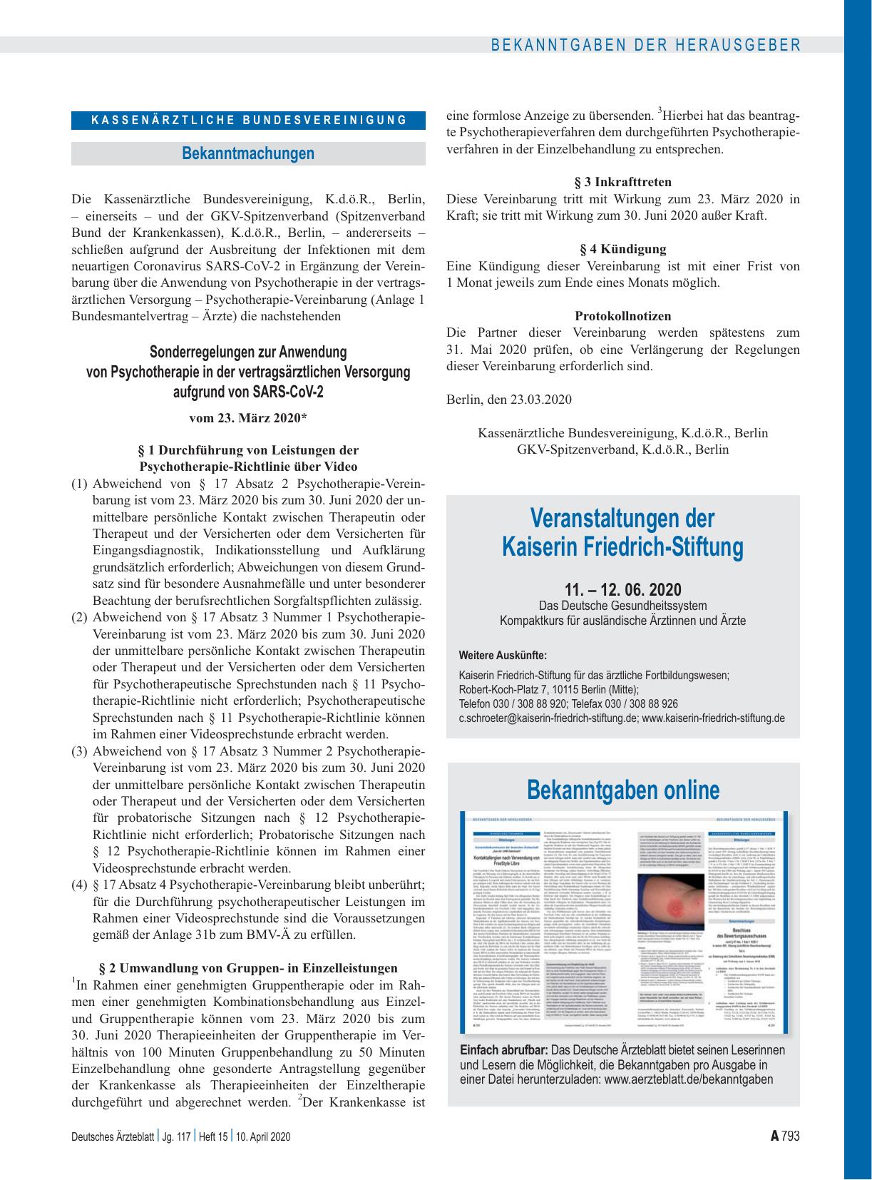 Vorschauseite 1: Sonderregelungen zur Anwendung von Psychotherapie in der vertragsärztlichen Versorgung aufgrund von SARS-CoV-2