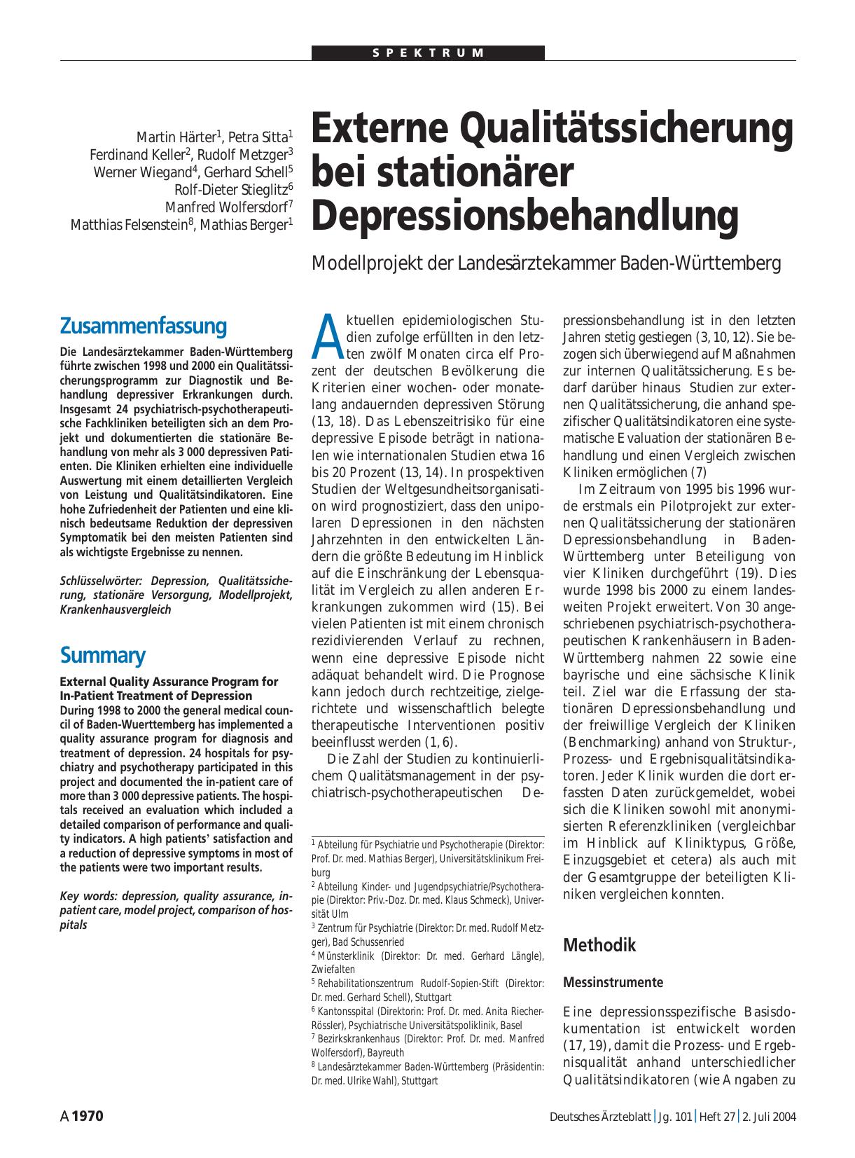 Vorschauseite 1: Externe Qualitätssicherung bei stationärer Depressionsbehandlung: Modellprojekt der Landesärztekammer Baden-Württemberg