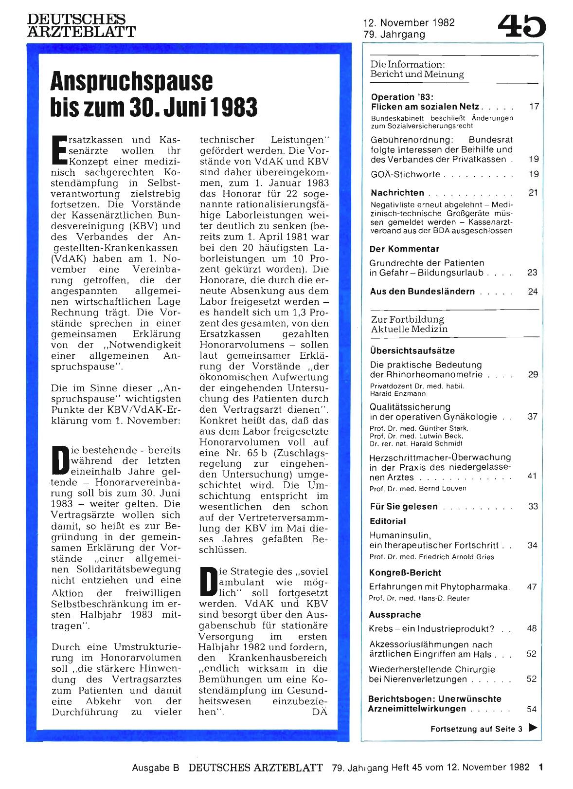 Vorschauseite 1: Anspruchspause bis zum 30. Juni 1983