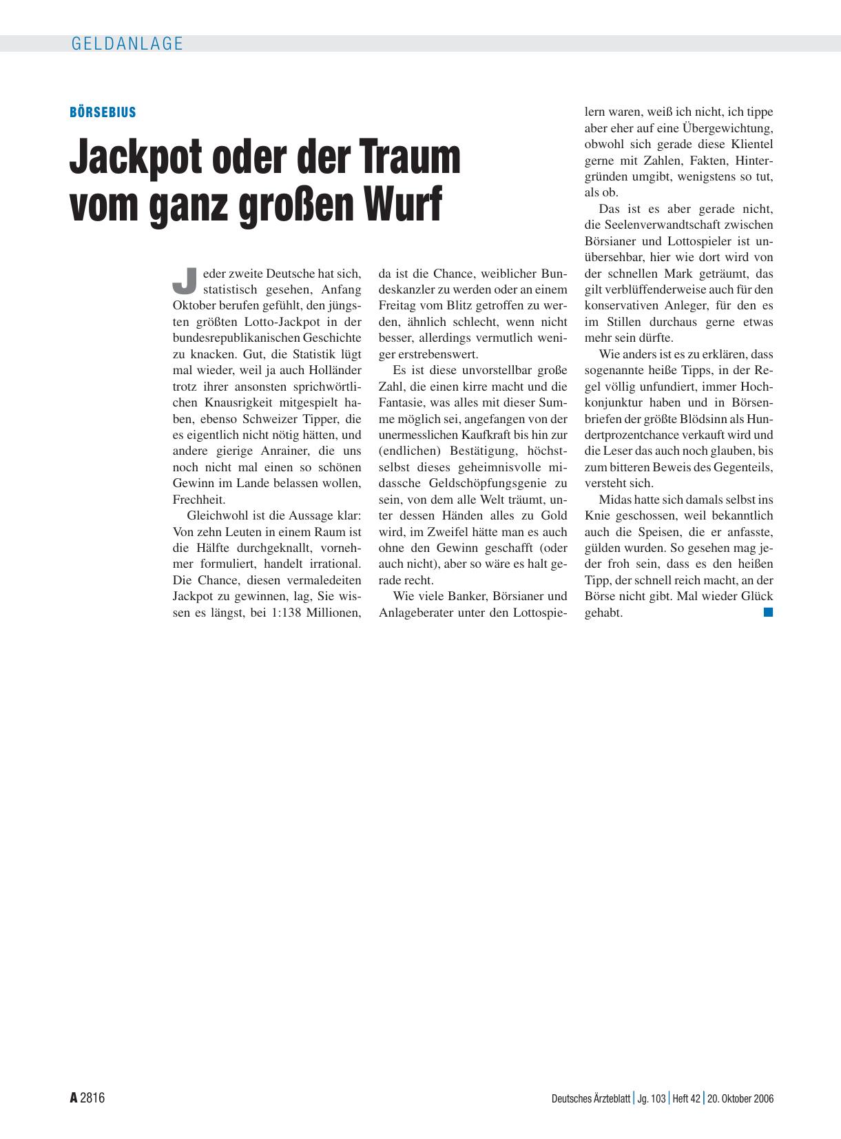 Vorschauseite 1: Jackpot oder der Traum vom ganz großen Wurf