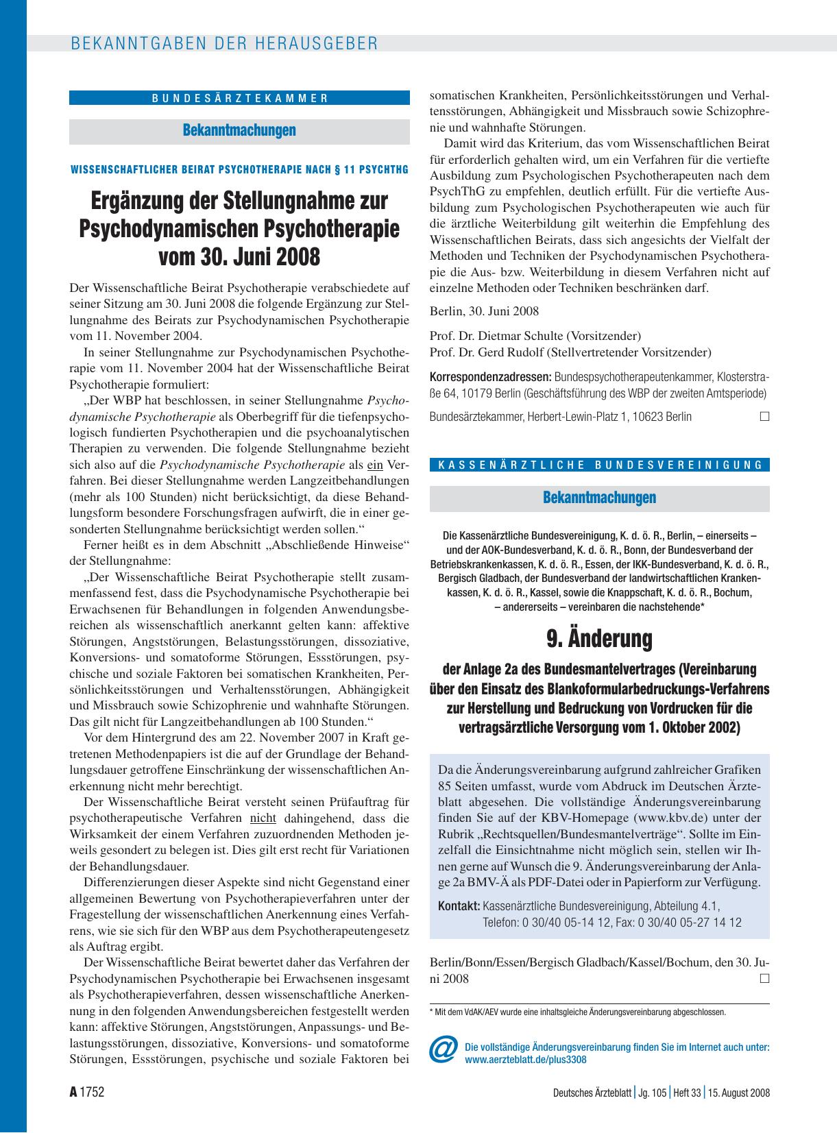 Vorschauseite 1: Bekanntmachungen: 9. Änderung der Anlage 2a des Bundesmantelvertrages (Vereinbarung über den Einsatz des Blankoformularbedruckungs-Verfahrens zur Herstellung und Bedruckung von Vo…