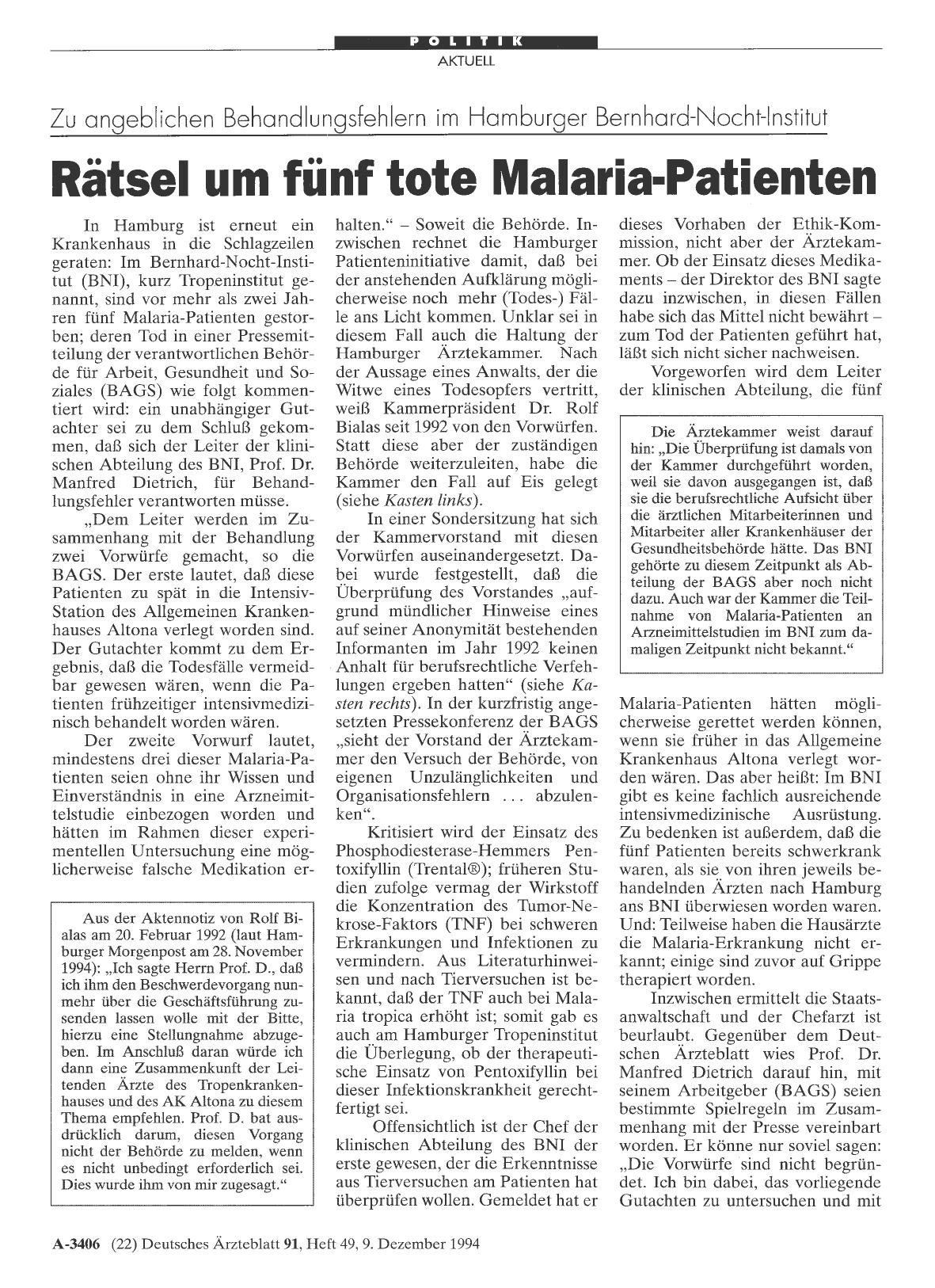 Vorschauseite 1: Zu angeblichen Behandlungsfehlern im Hamburger Bernhard-Nocht-Institut: Rätsel um fünf tote Malaria-Patienten
