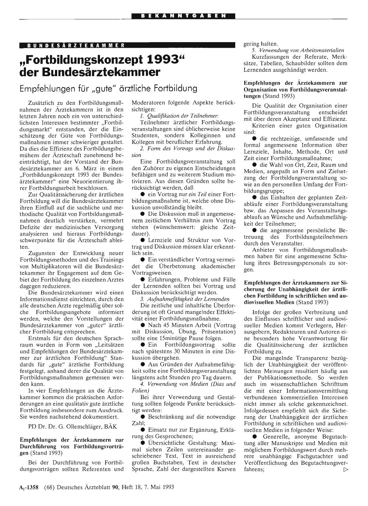 Vorschauseite 1: „Fortbildungskonzept 1993“ der Bundesärztekammer