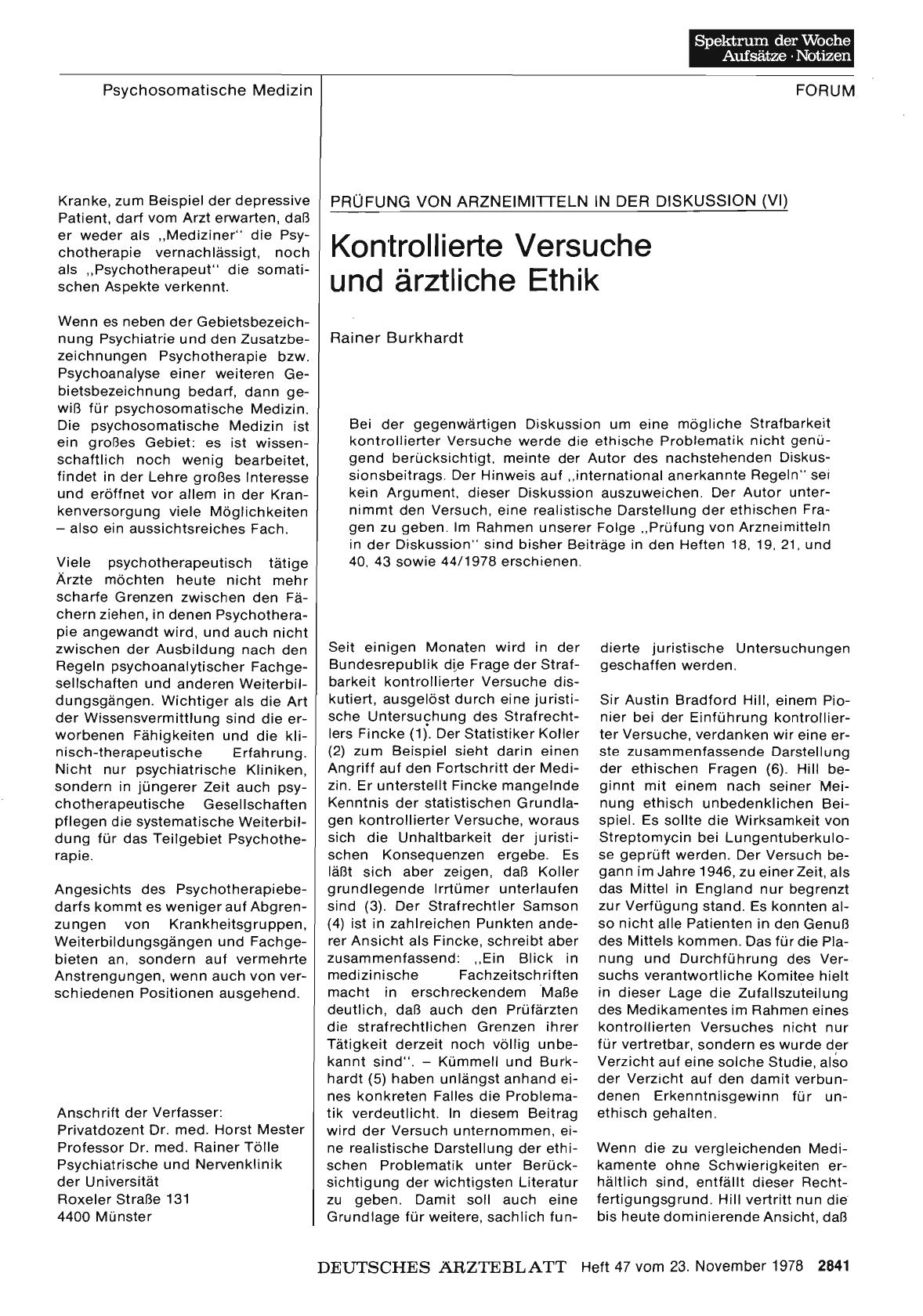 Vorschauseite 1: PRÜFUNG VON ARZNEIMITTELN IN DER DISKUSSION (VI): Kontrollierte Versuche und ärztliche Ethik