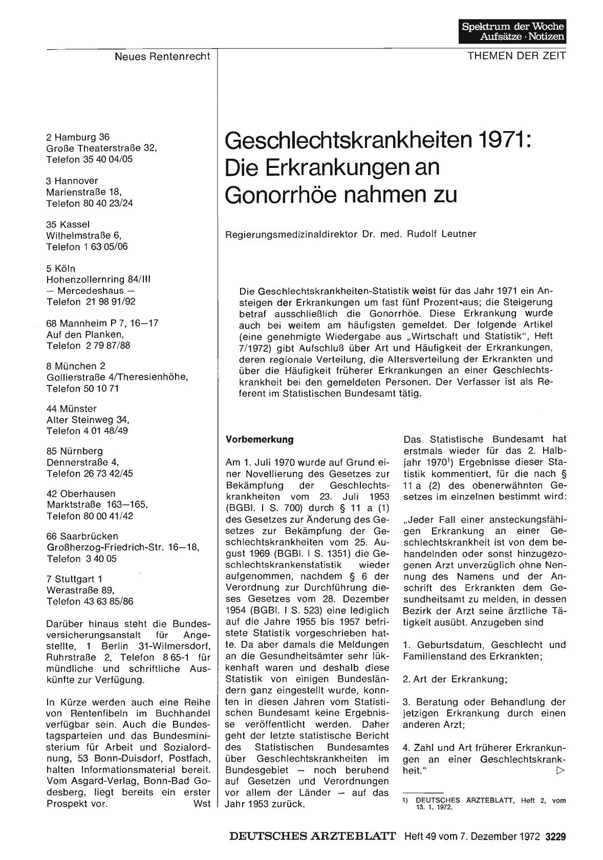 Vorschauseite 1: Geschlechtskrankheiten 1971: Die Erkrankungen an Gonorrhöe nahmen zu: Regierungsmedizinaldirektor Dr. med. Rudolf Leutner
