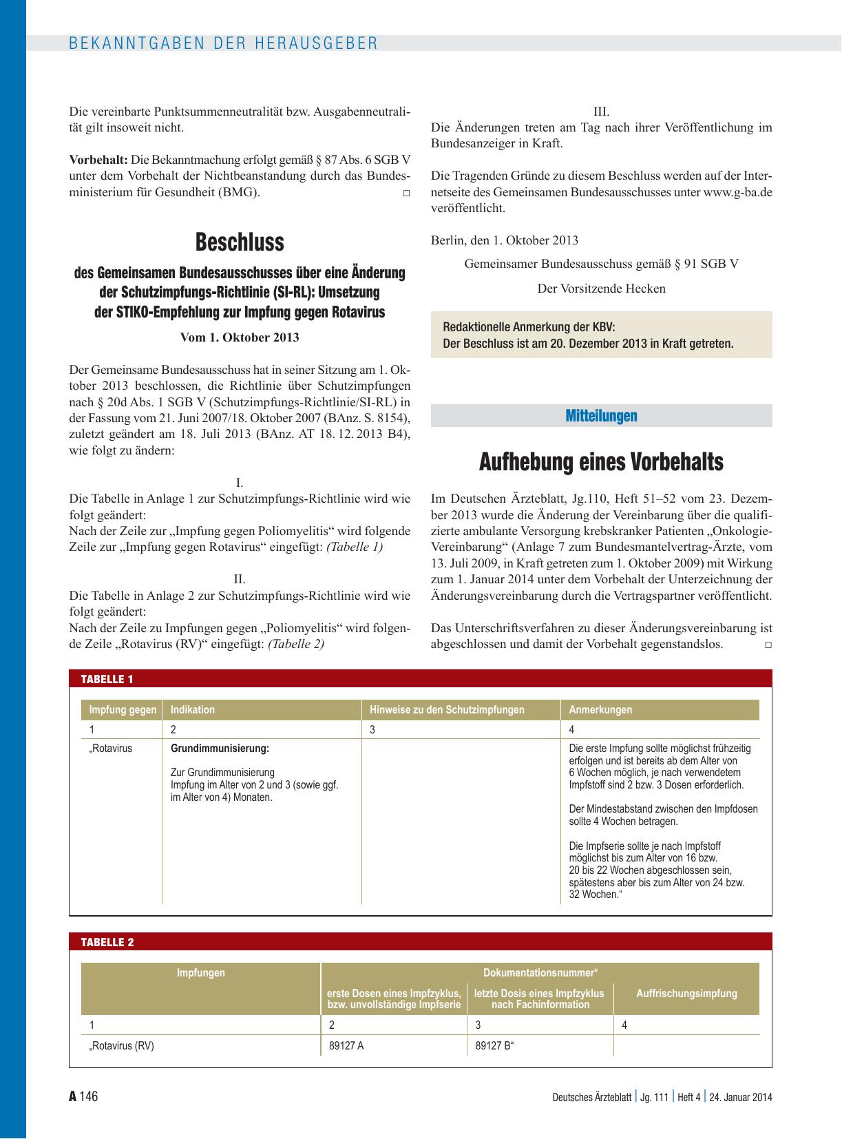 Vorschauseite 1: Beschluss des Gemeinsamen Bundesausschusses über eine Änderung der Schutzimpfungs-Richtlinie (SI-RL): Umsetzung der STIKO-Empfehlung zur Impfung gegen Rotavirus