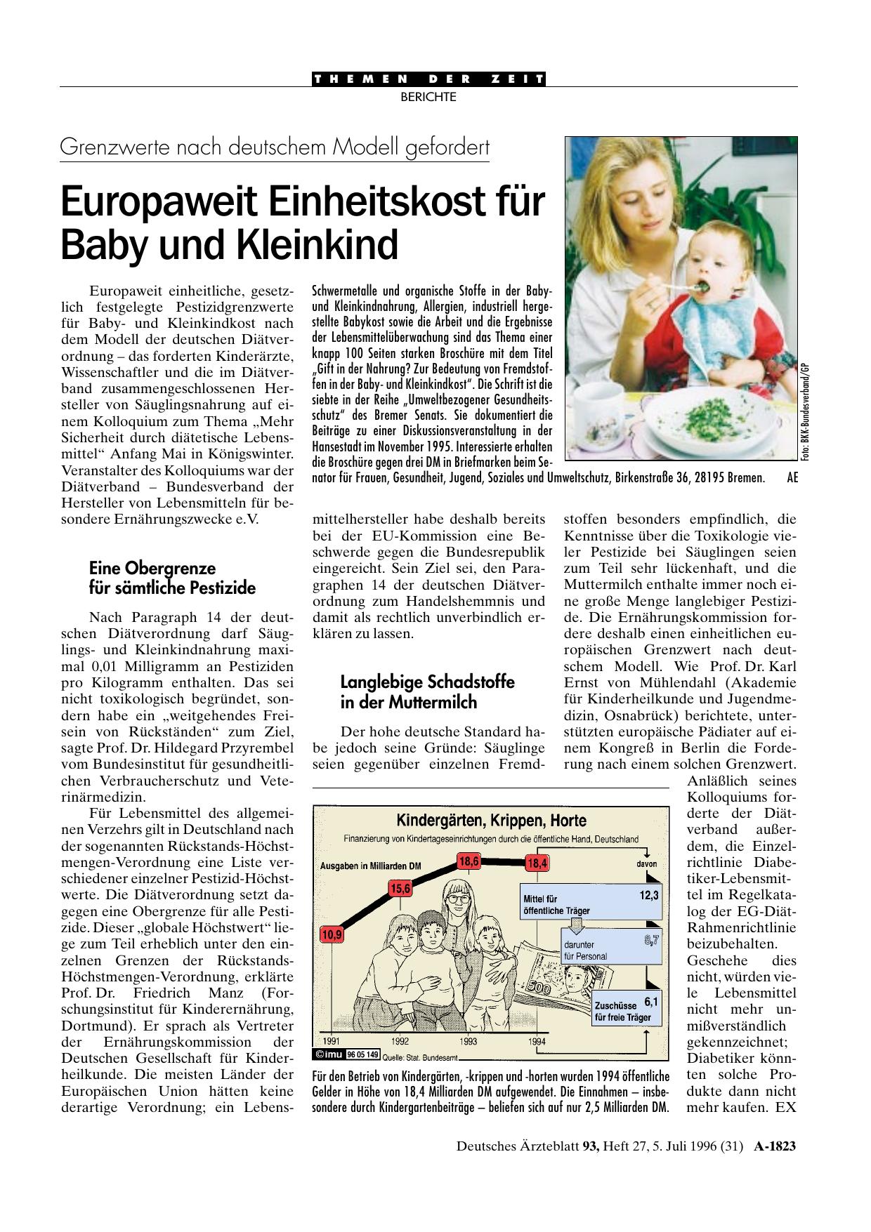Vorschauseite 1: Grenzwerte nach deutschem Modell gefordert: Europaweit Einheitskost für Baby und Kleinkind