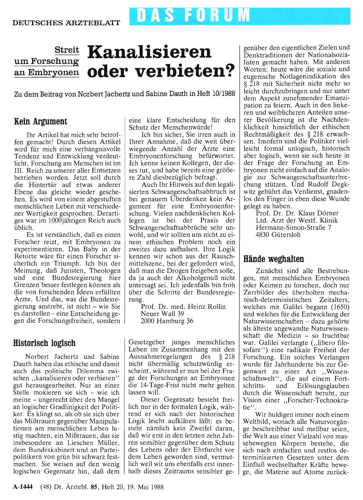 Vorschauseite 1: Kanalisieren oder verbieten? Streit um Forschung an Embryonen: Historisch logisch