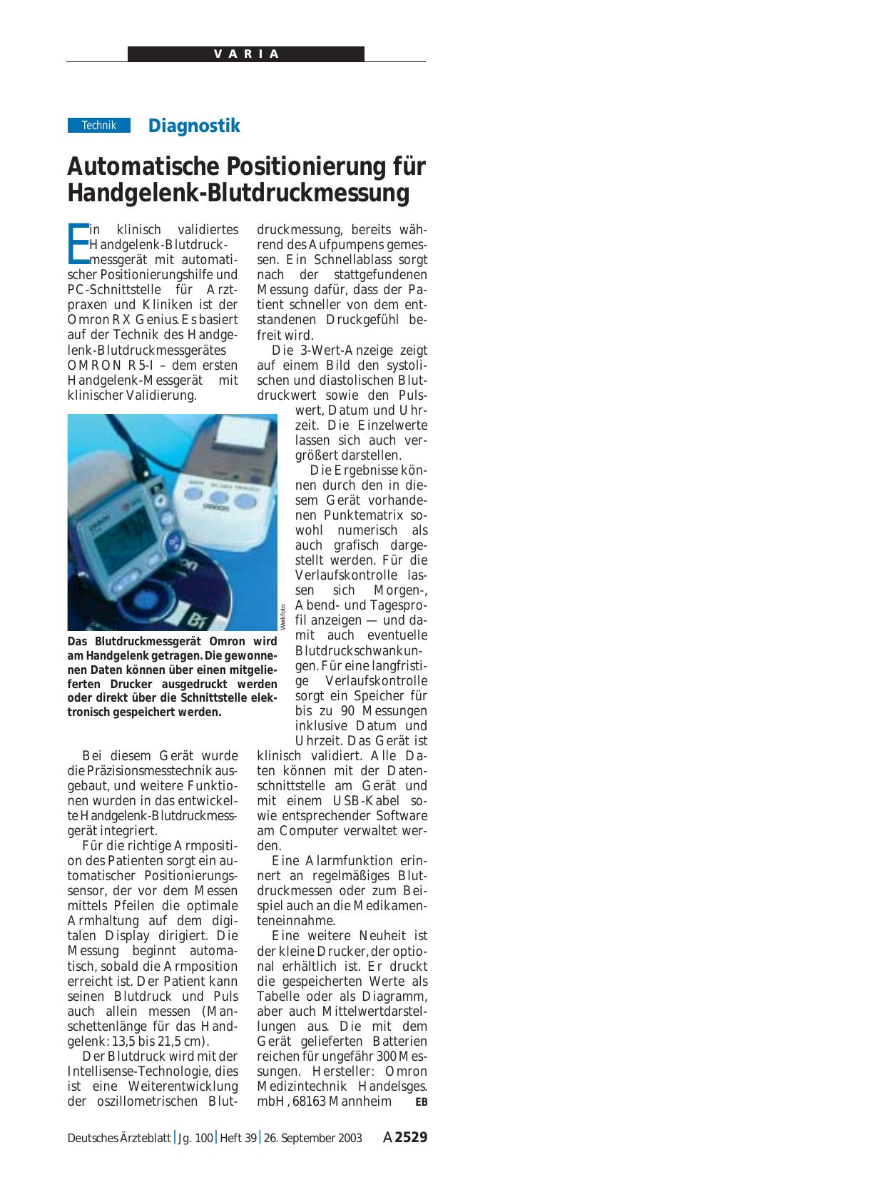 Vorschauseite 1: Diagnostik: Automatische Positionierung für Handgelenk-Blutdruckmessung