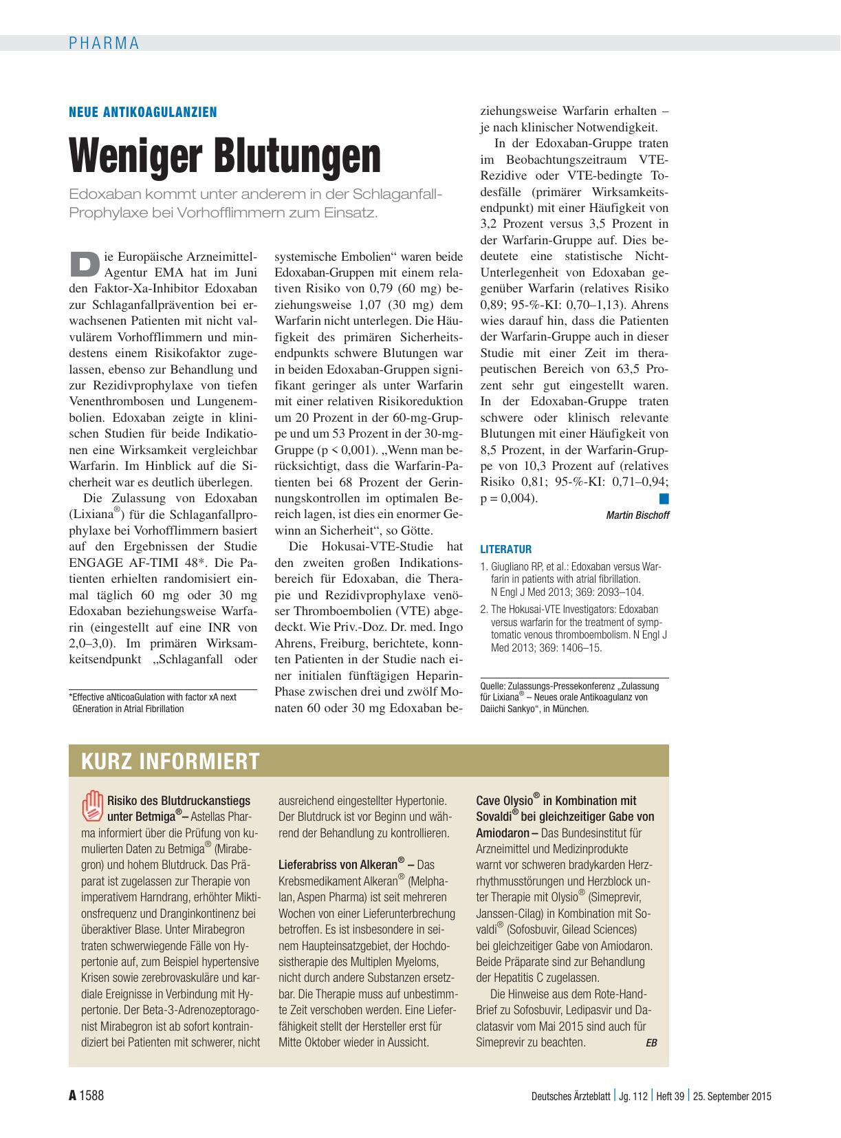 Vorschauseite 1: Neue Antikoagulanzien: Weniger Blutungen